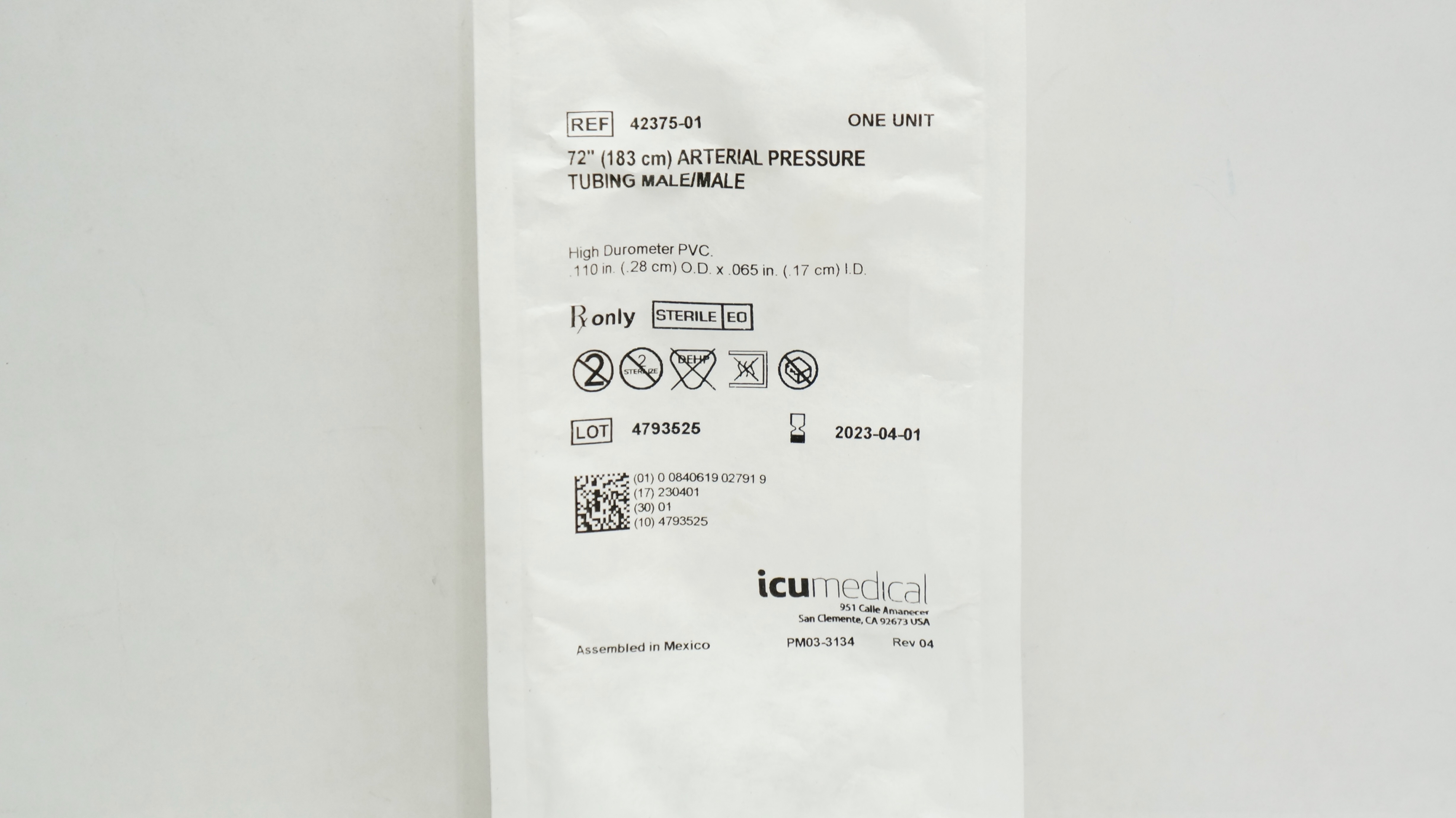 ICU Medical 42375-01 Arterial Pressure Tubing Male/Male 72inch (x)