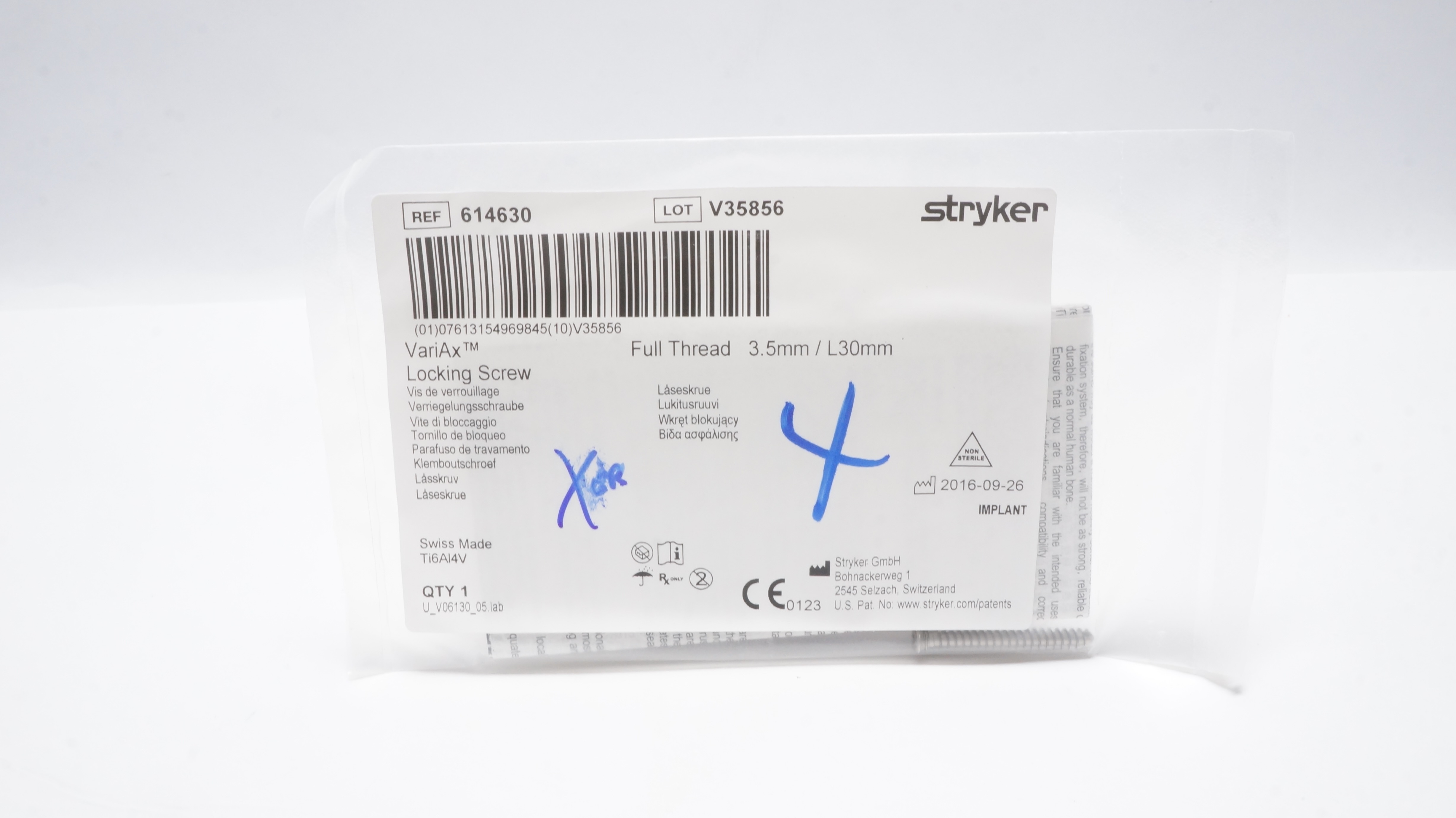 Stryker 614630 VariAx Locking Screw , Full Thread 3.5mm/ L30mm
