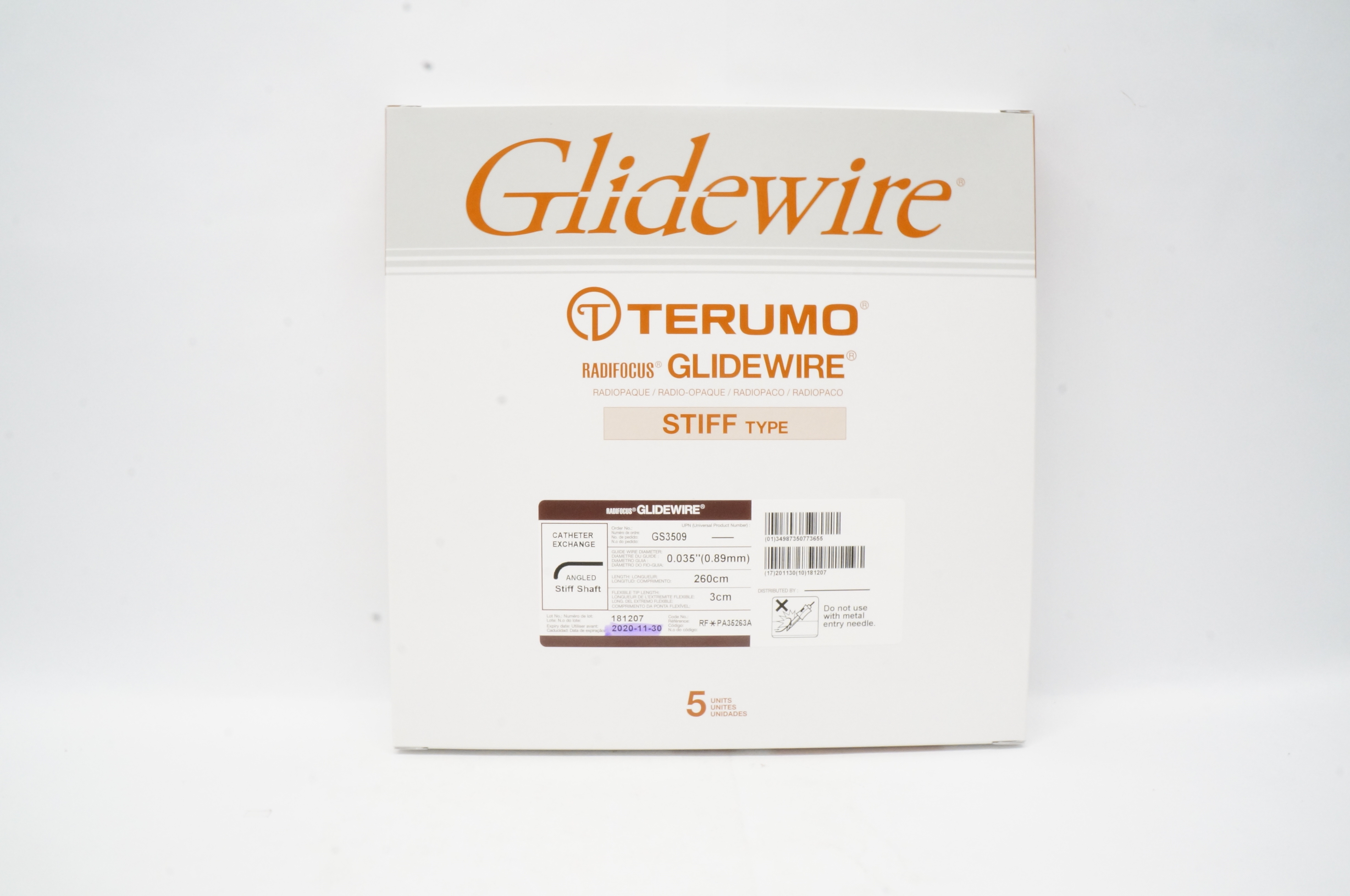 Terumo RF*PA35263A Glidewire Cath. Exchange, Angled, Stiff .035in x 260cm (x)