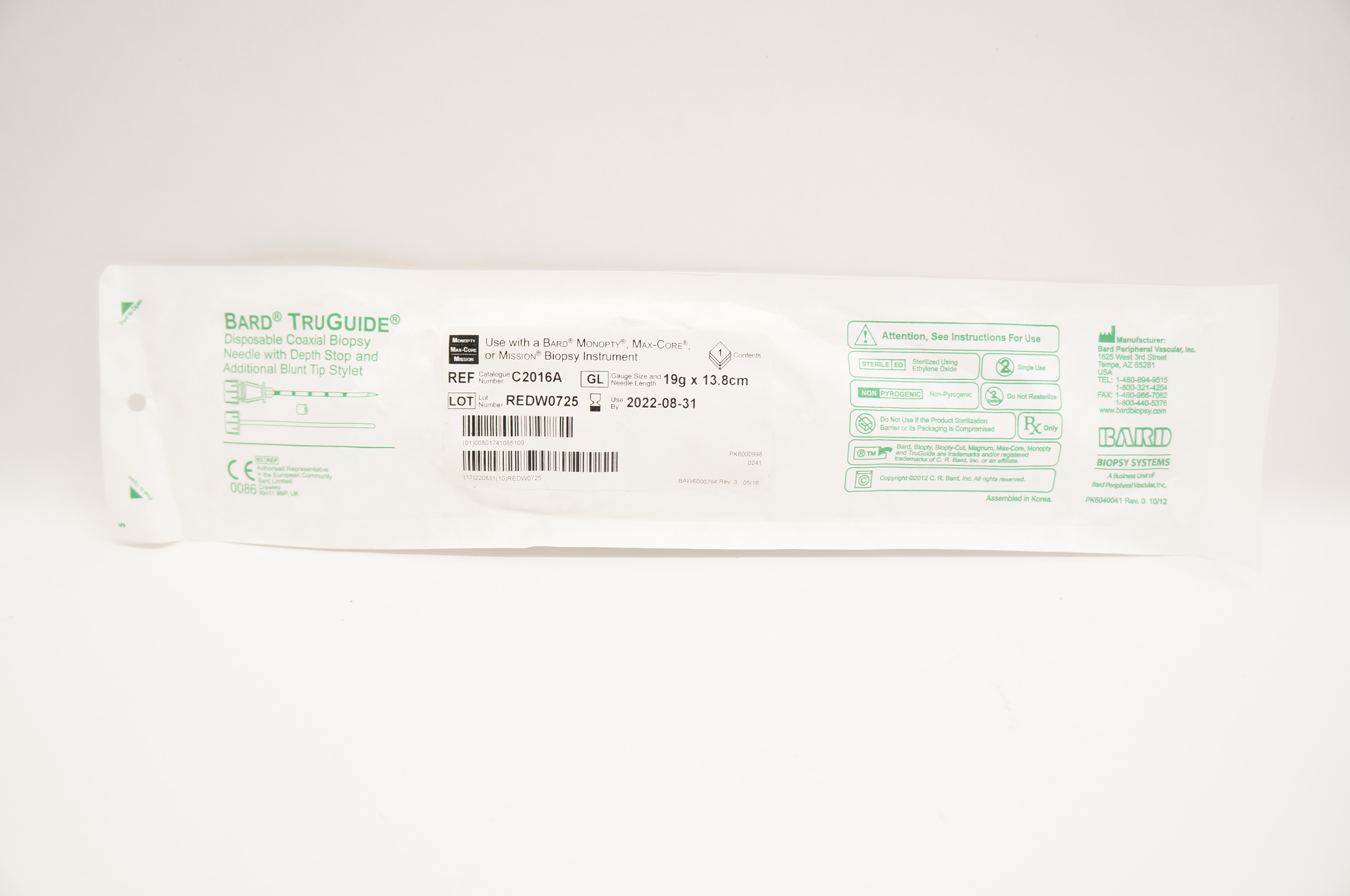 Bard C2016A TruGuide Disposable Coaxial Biopsy Ndle. 19g x 13.8cm (x)