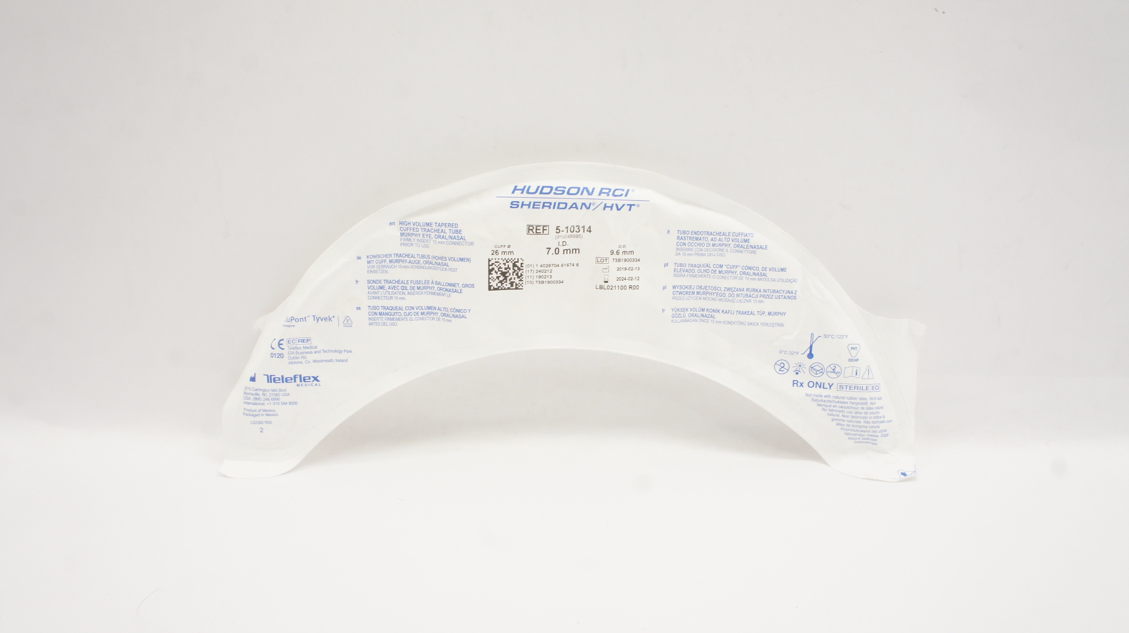 Teleflex 5-10314 Hudson RCI Sheridan HVT Cuffed Tracheal Tube 7.0 x 9.6 x 26mm