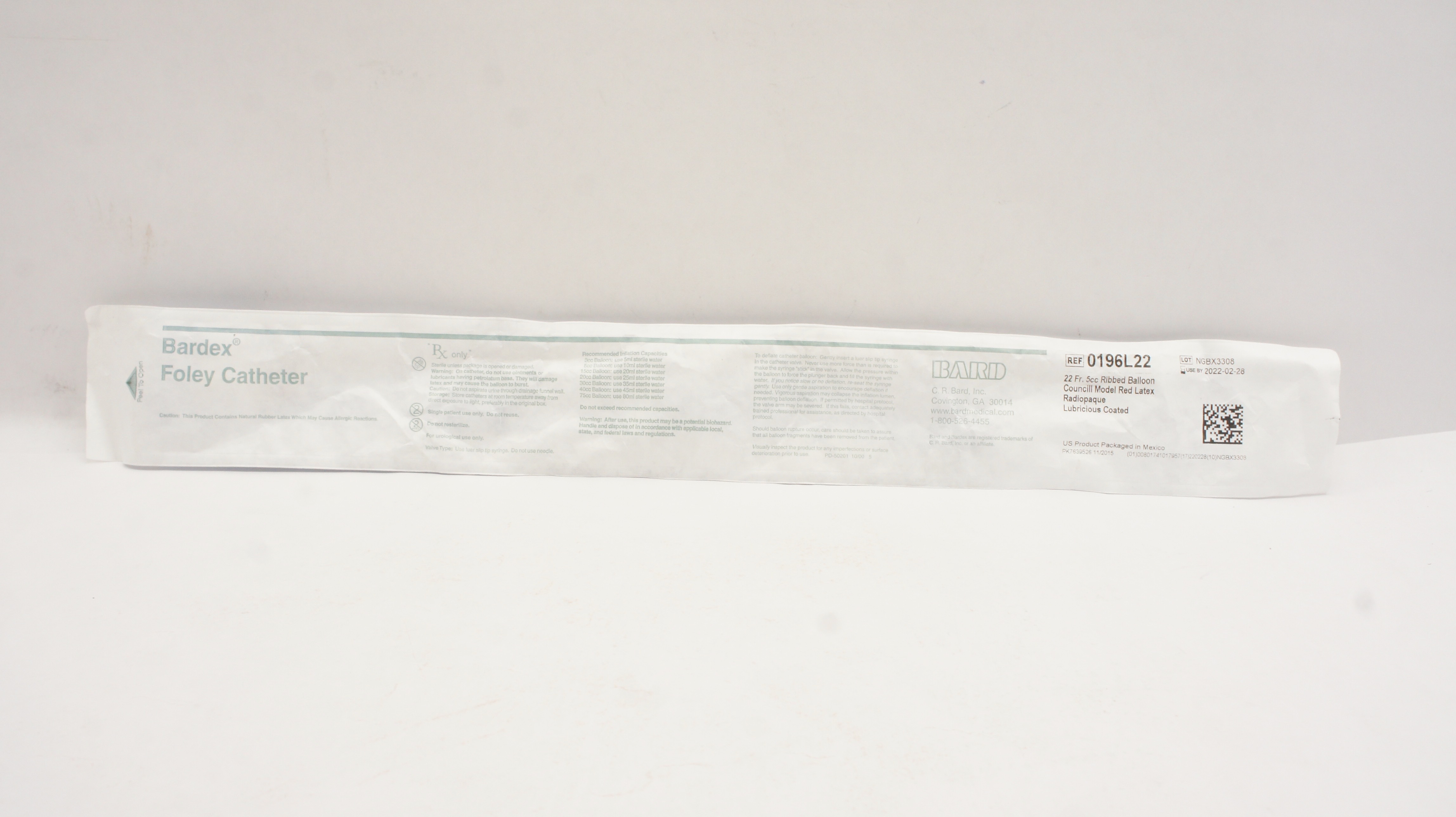 Bard 0196L22 Foley Cath. 22Fr. 5cc Ribbed Balloon (x)