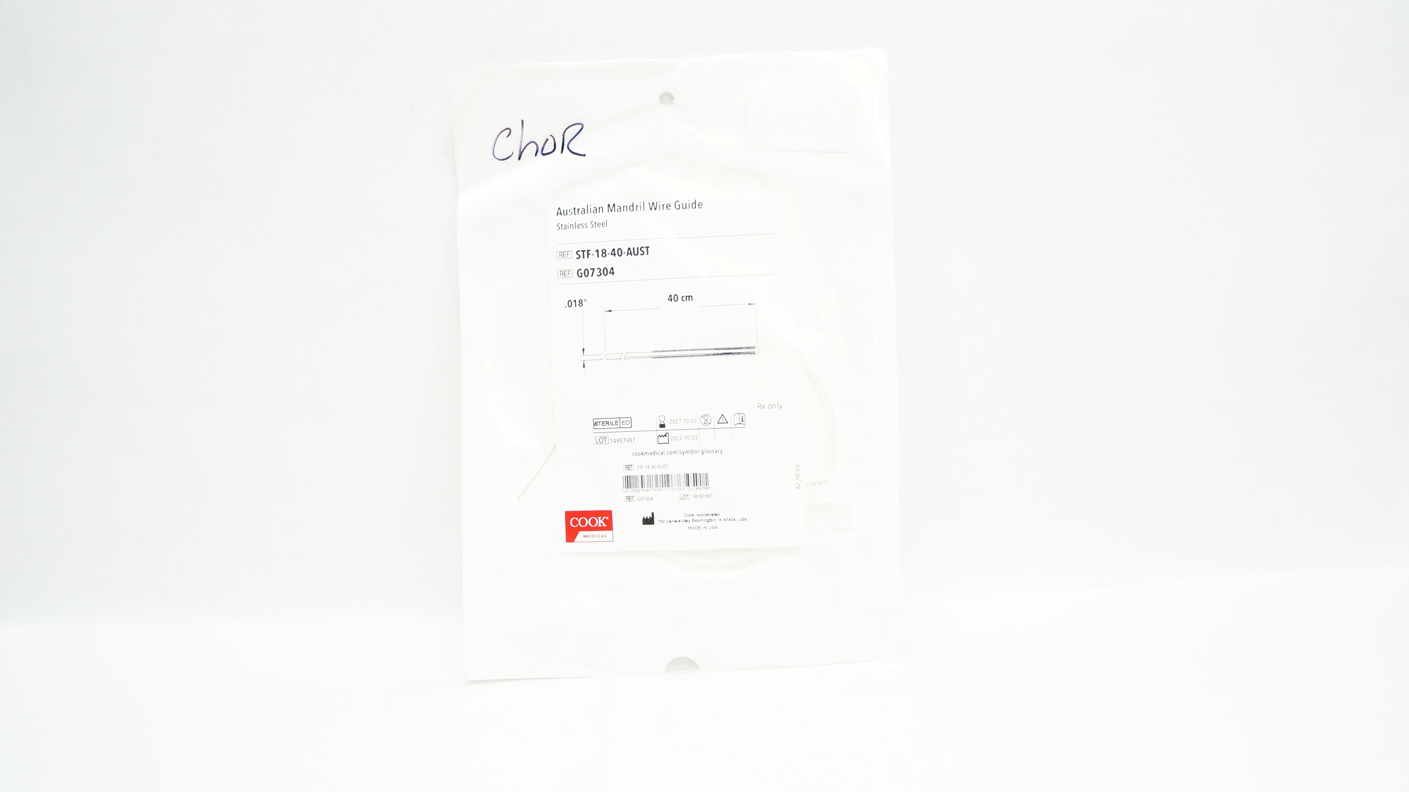Cook Medical G07304 Australian Mandril Wire Guide, 40cm, .018inch