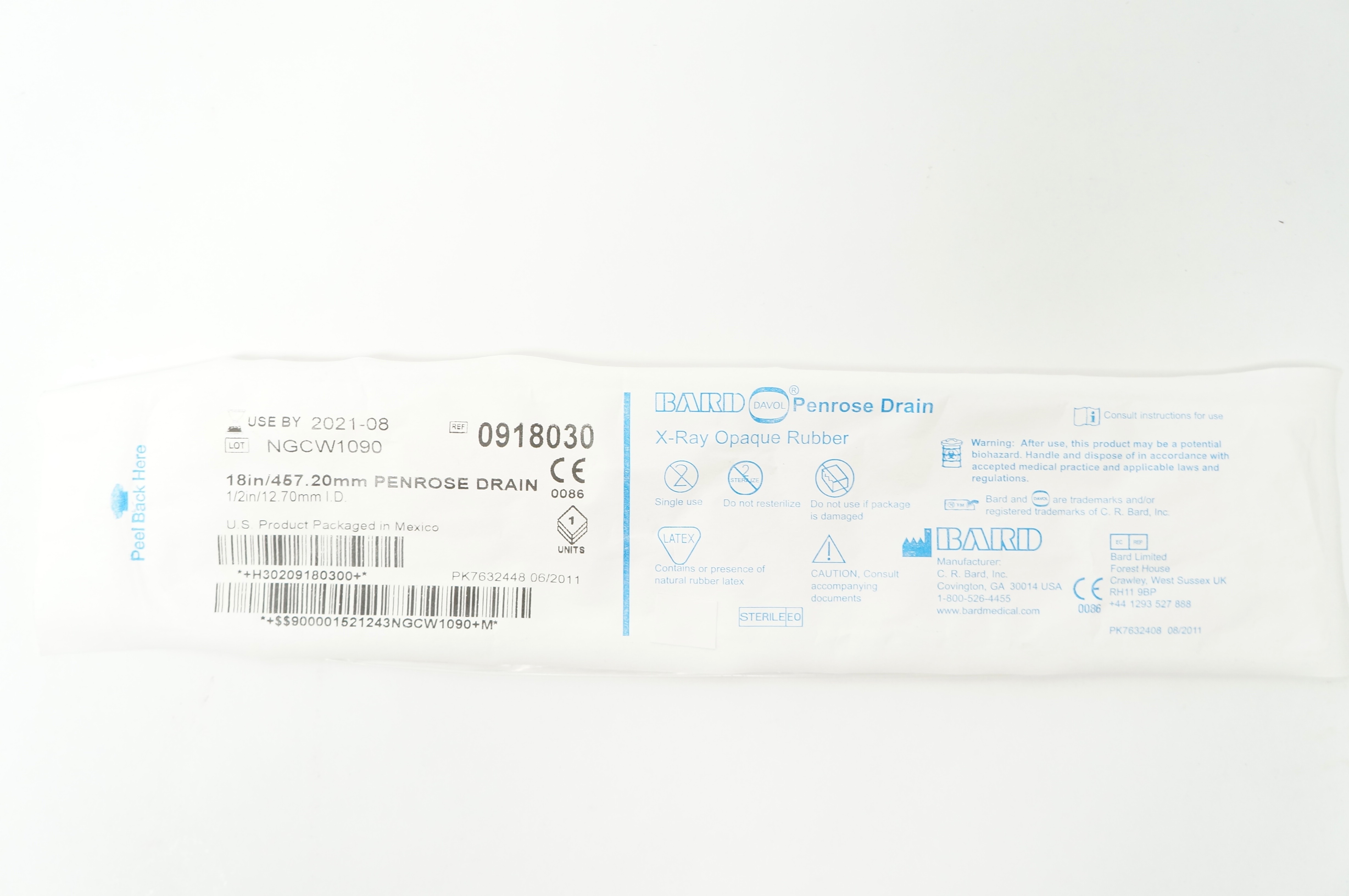 Bard 0918030 Davol Penrose Drain X-Ray Opaque Rubber 1/2inch ID x 18inch (x)