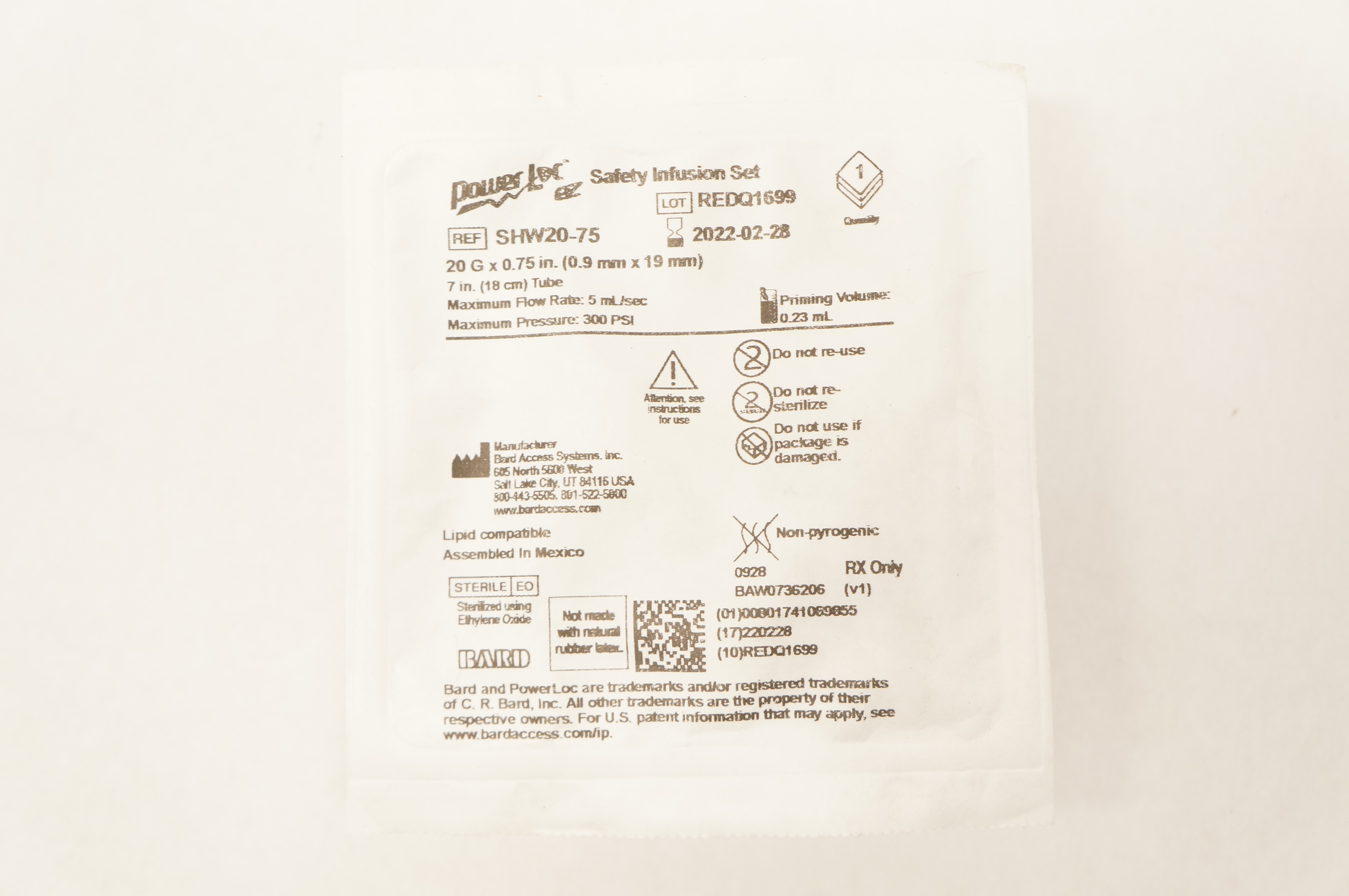 Bard SHW20-75 Power Loc Safety Infusion Set 20G x 0.75 inch, Prim.Vol. 0.23mL(x)