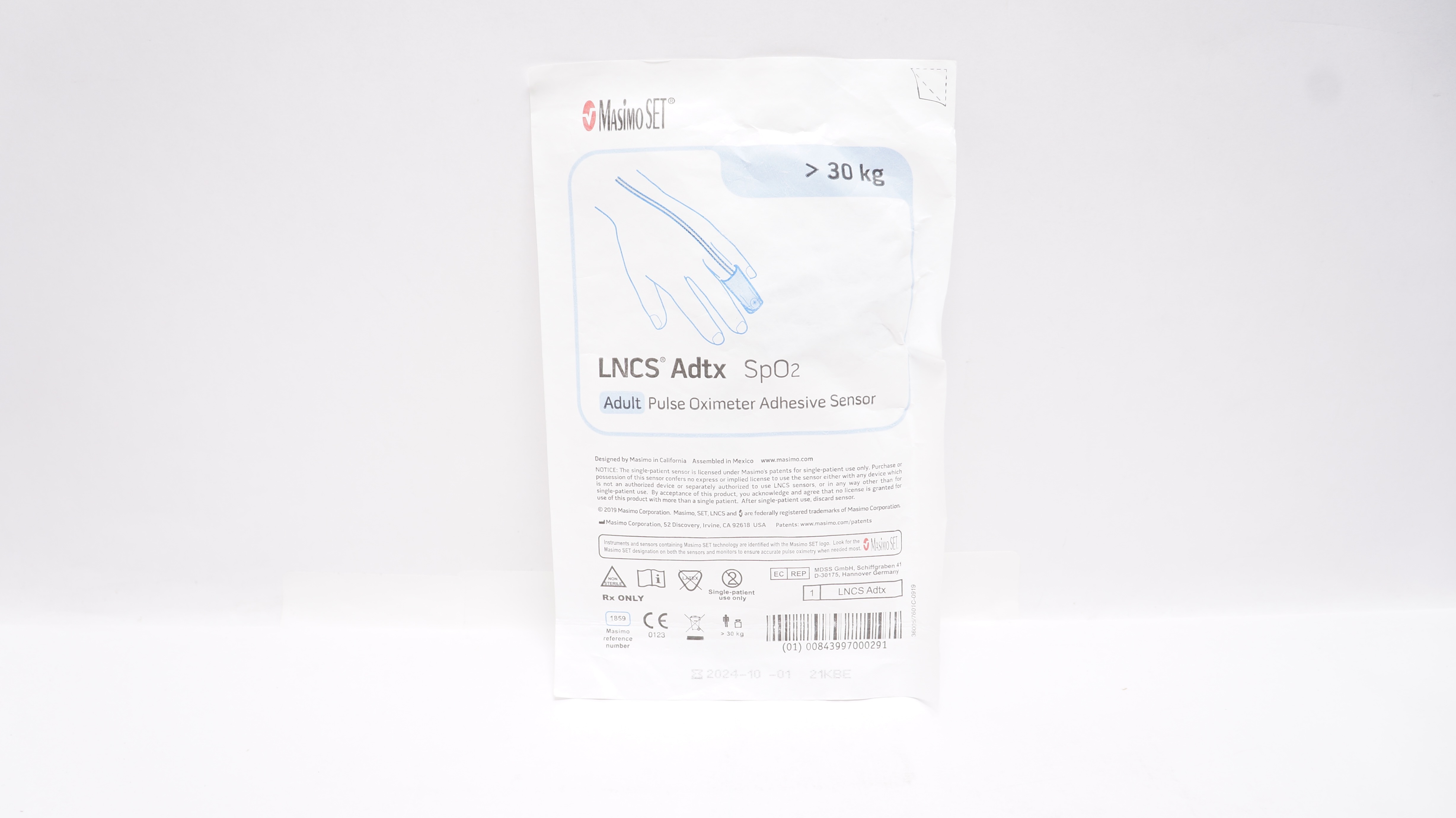 Masimo 1859 LNCS Adtx SpO2 Adult Pulse Oximeter Adhesive Sensor >30 kg