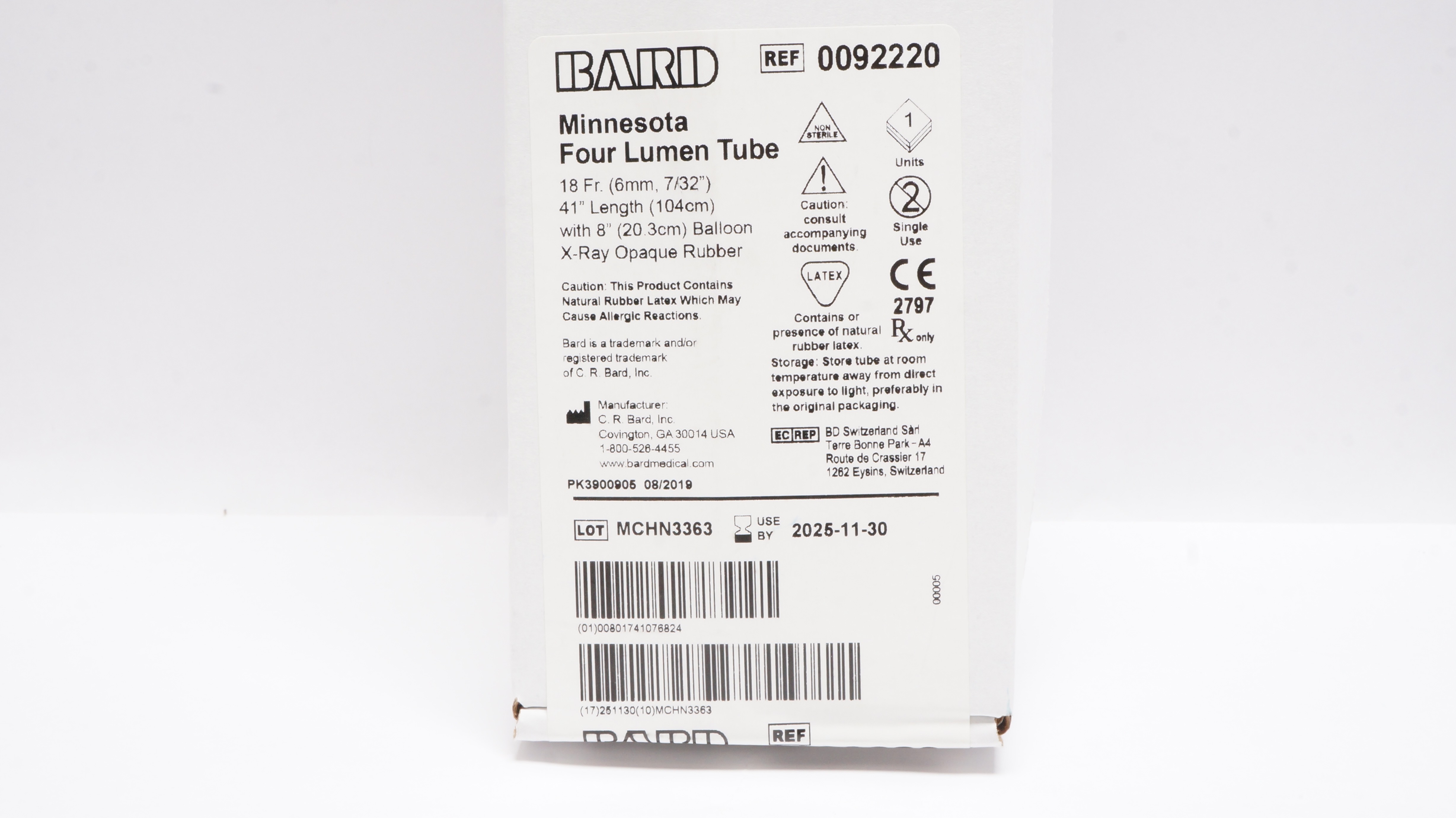 Bard 0092220 Minnesota Four Lumen Tube 18Fr x 41inch x 8inch