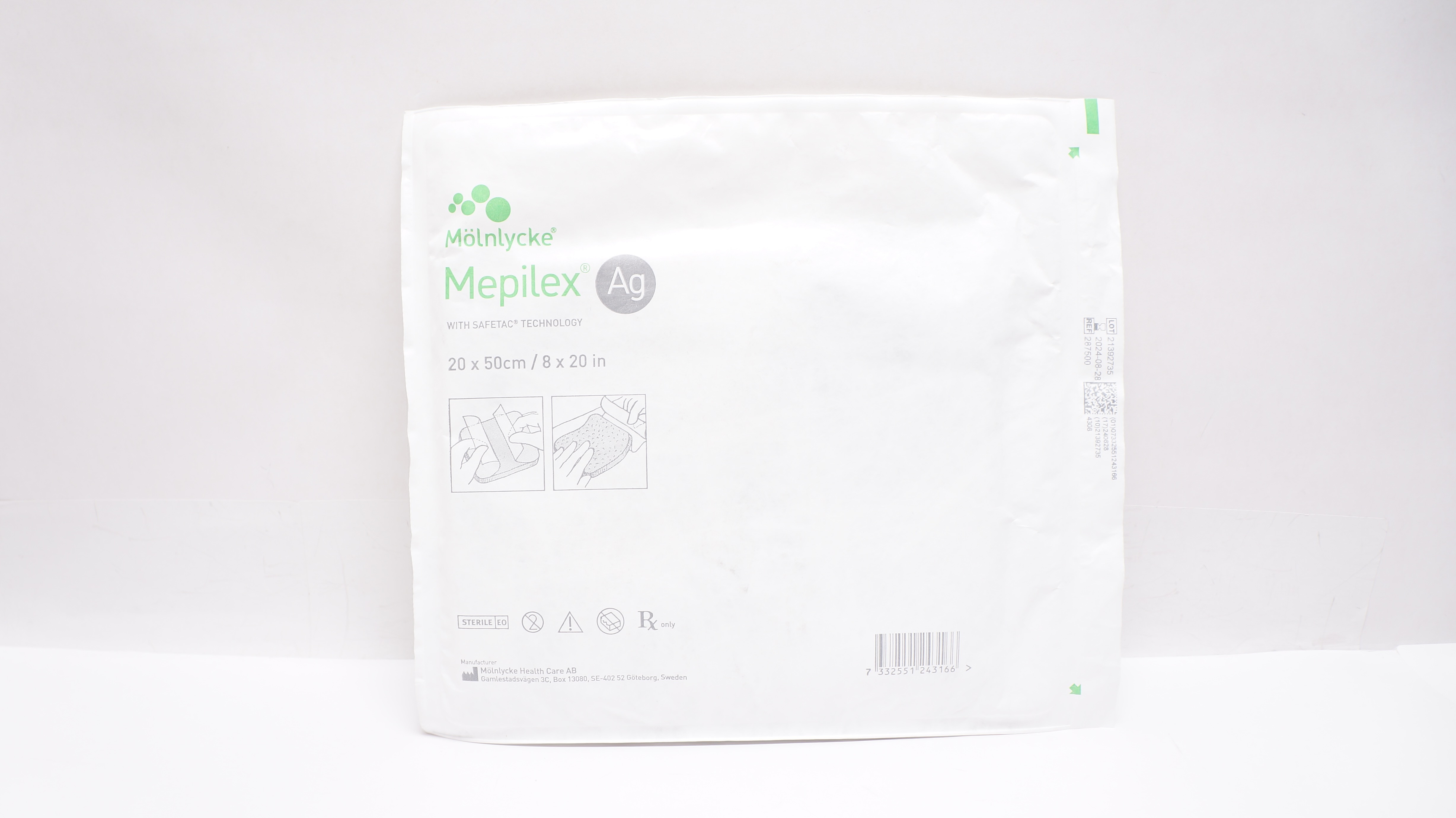 Molnlycke 287500 Mepilex Ag Antimicrobial Foam Dressing 8inch x 20 inch