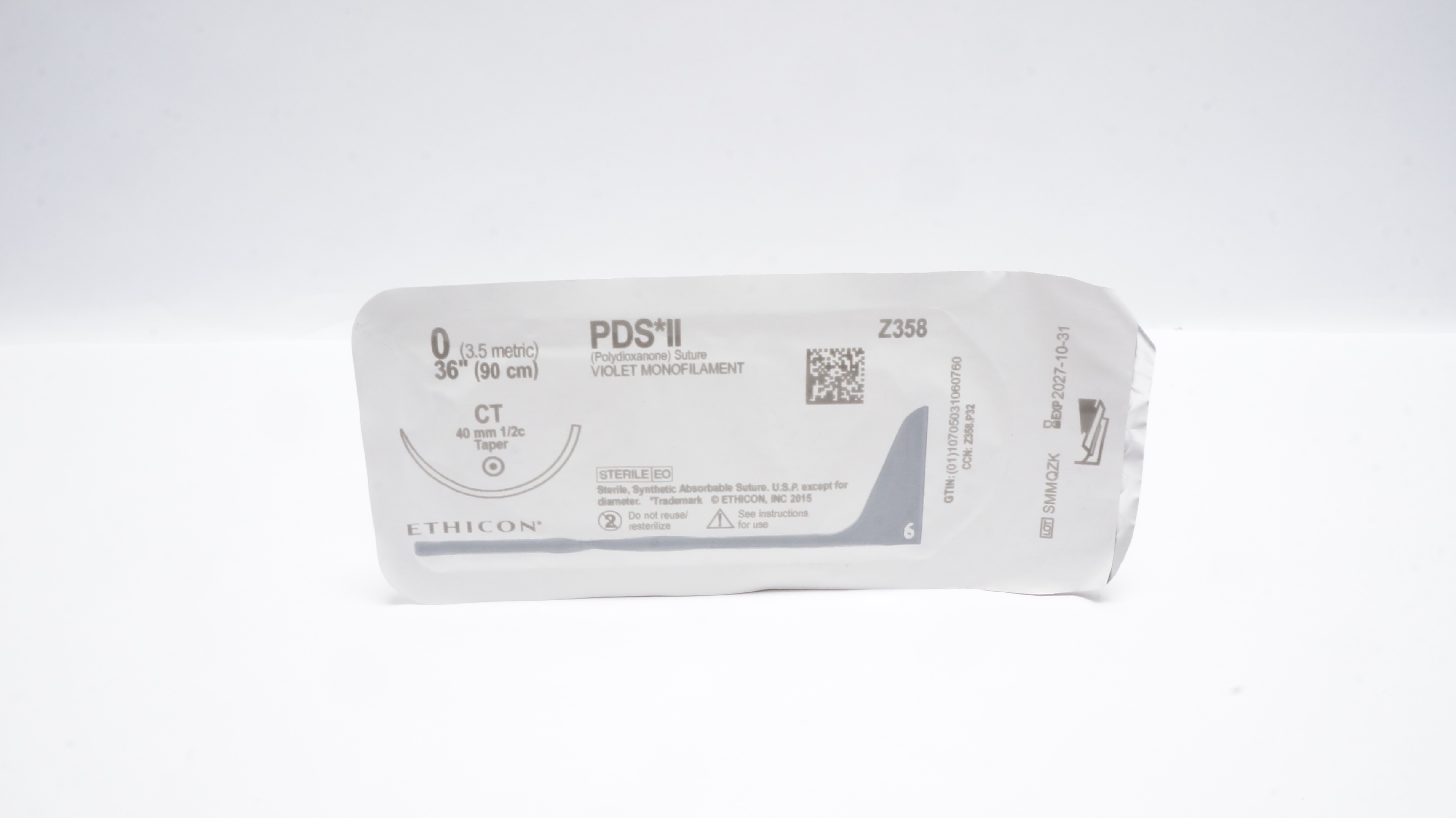 Ethicon Z358 0 PDS II Violet Monofilament CT 40mm 1/2c 36inch