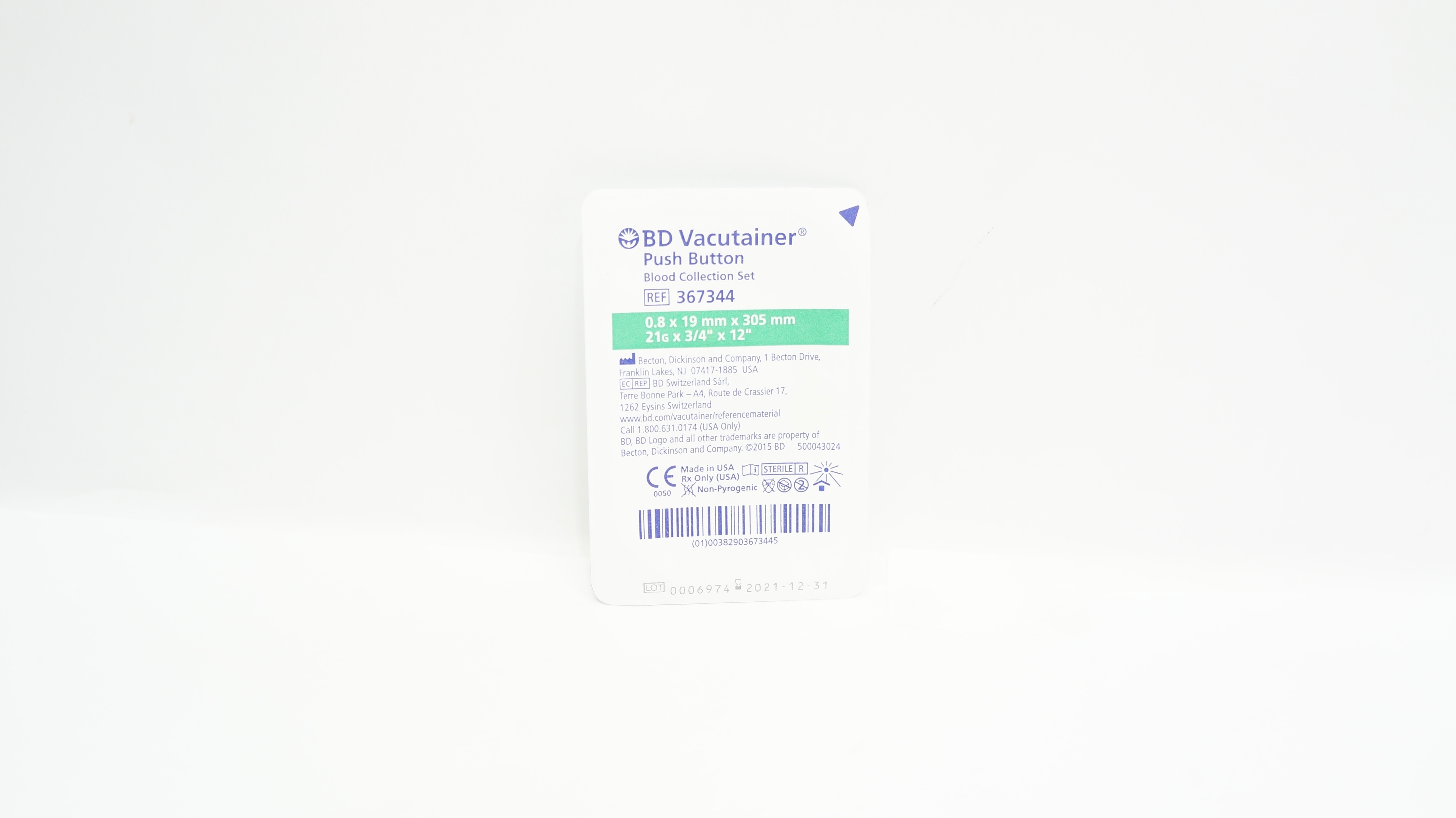 BD 367344 Vacutainer Push Button Blood Collection Set 21G x 3/4inch x 12inch (x)