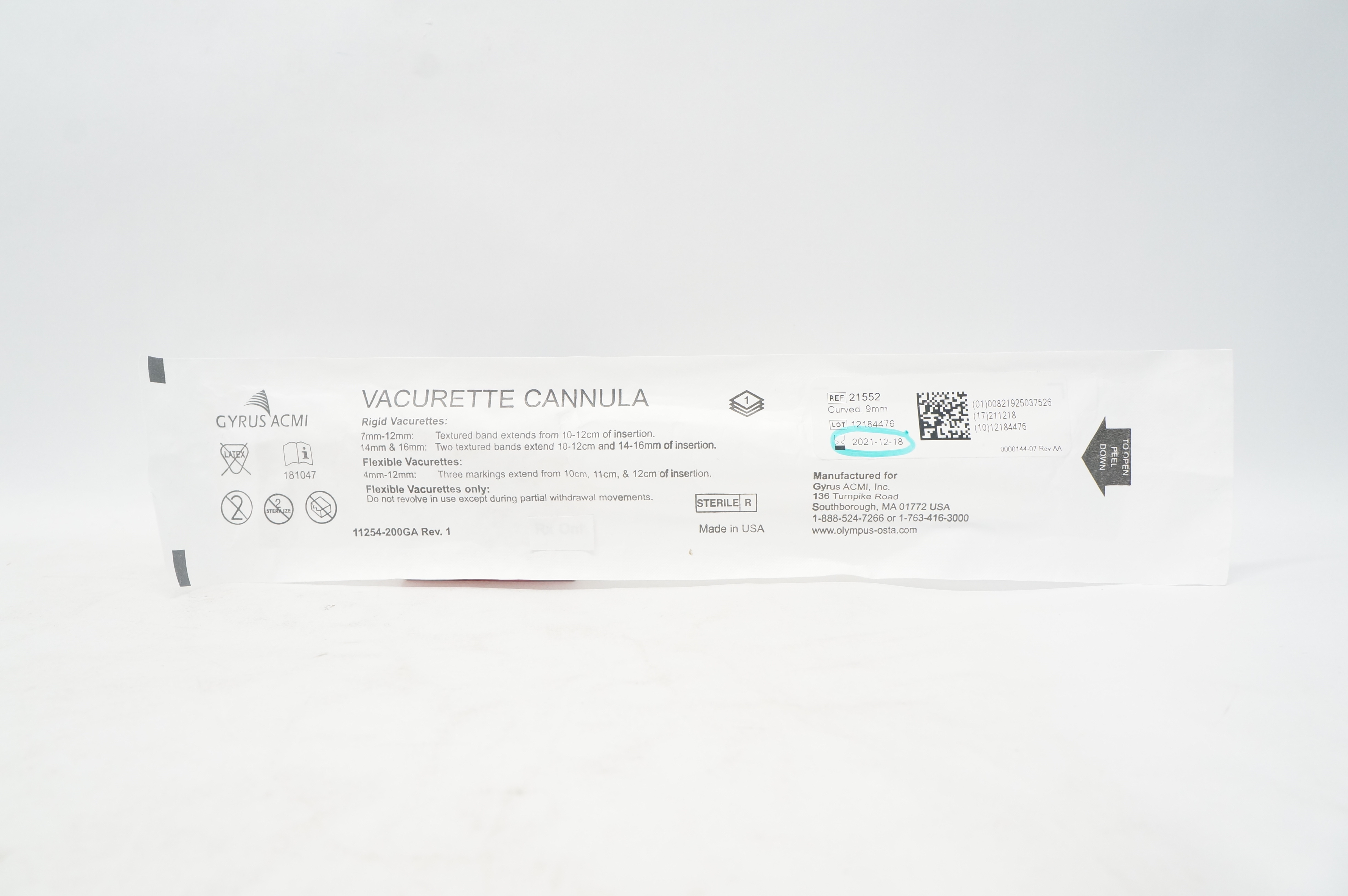 Gyrus ACMI 21552 Vacurette Cannula Curved Rigid OD 9mm (x)