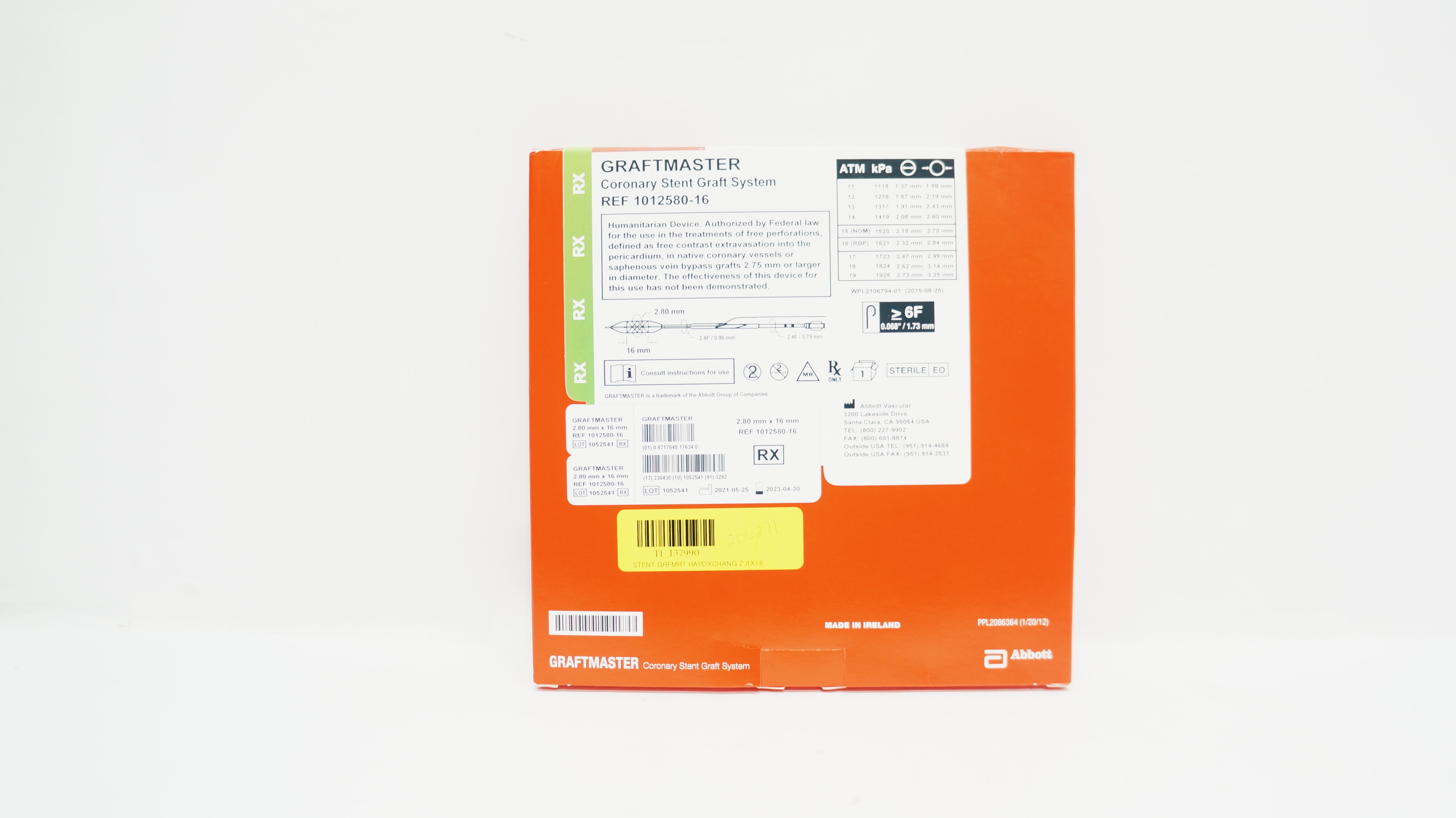 Abbot 1012580-16 Graftmaster Coronary Stnt Graft System 2.80 mm x 16 mm (x)