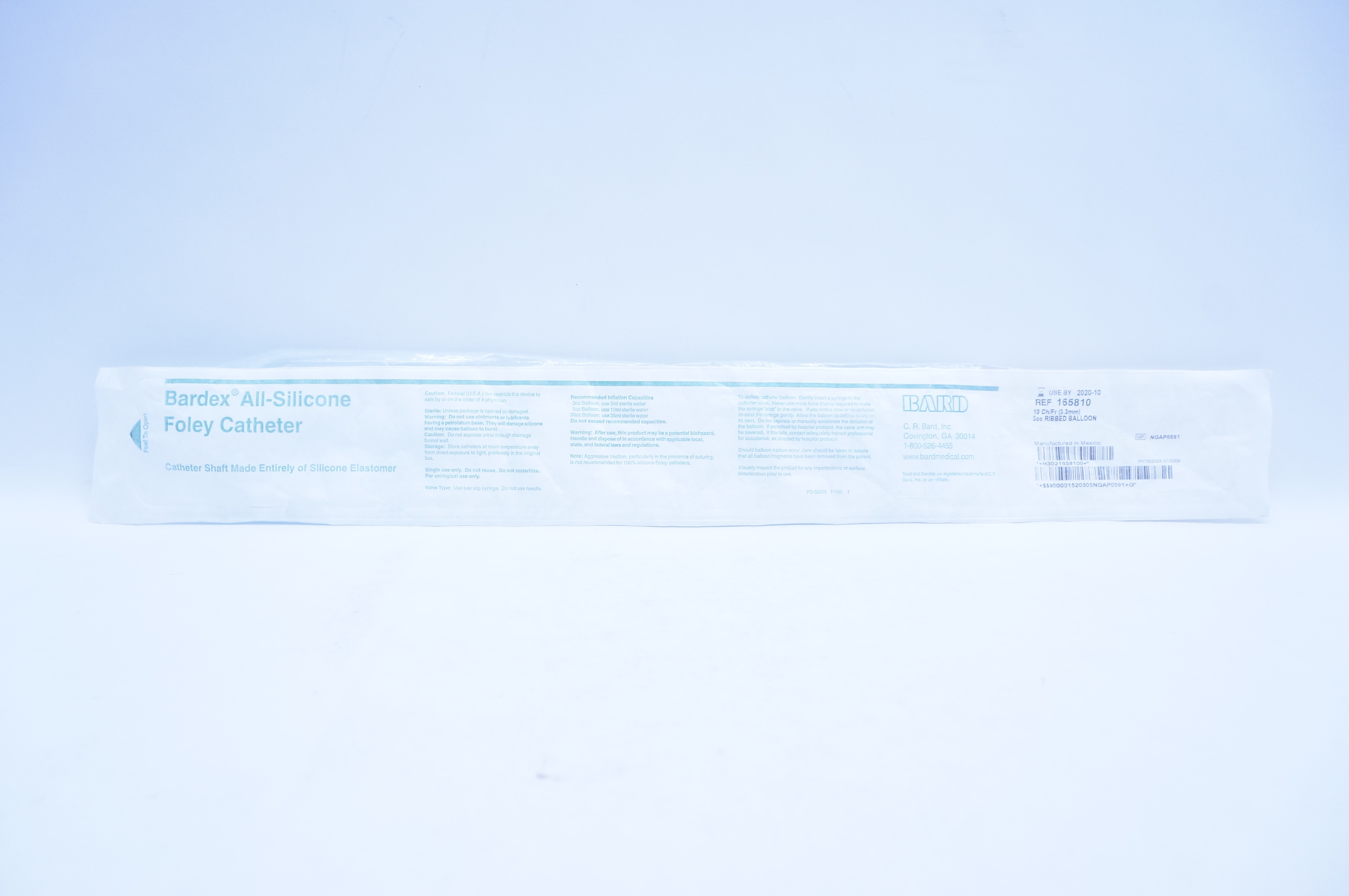 Bard 165810 Bardex All-Silicone Foley Cath. 10Ch/Fr  3cc Ribbed Balloon (x)