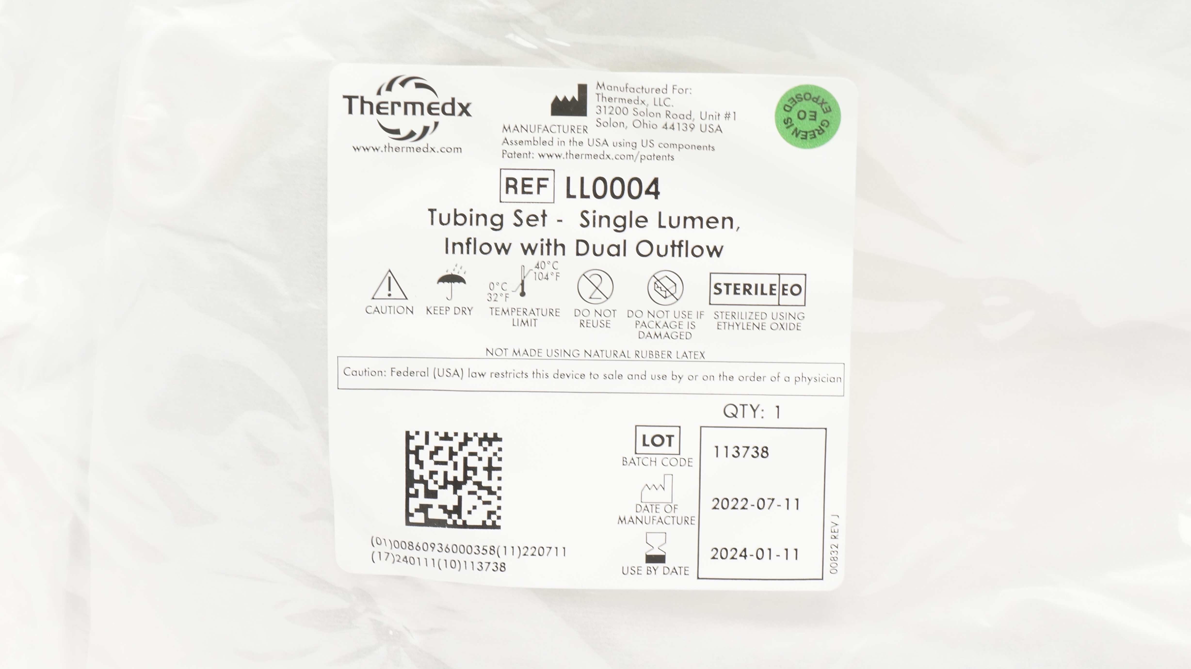 Thermedx LL0004 Tubing Set - Single Lumen Inflow W/ Dual Outflow (x)