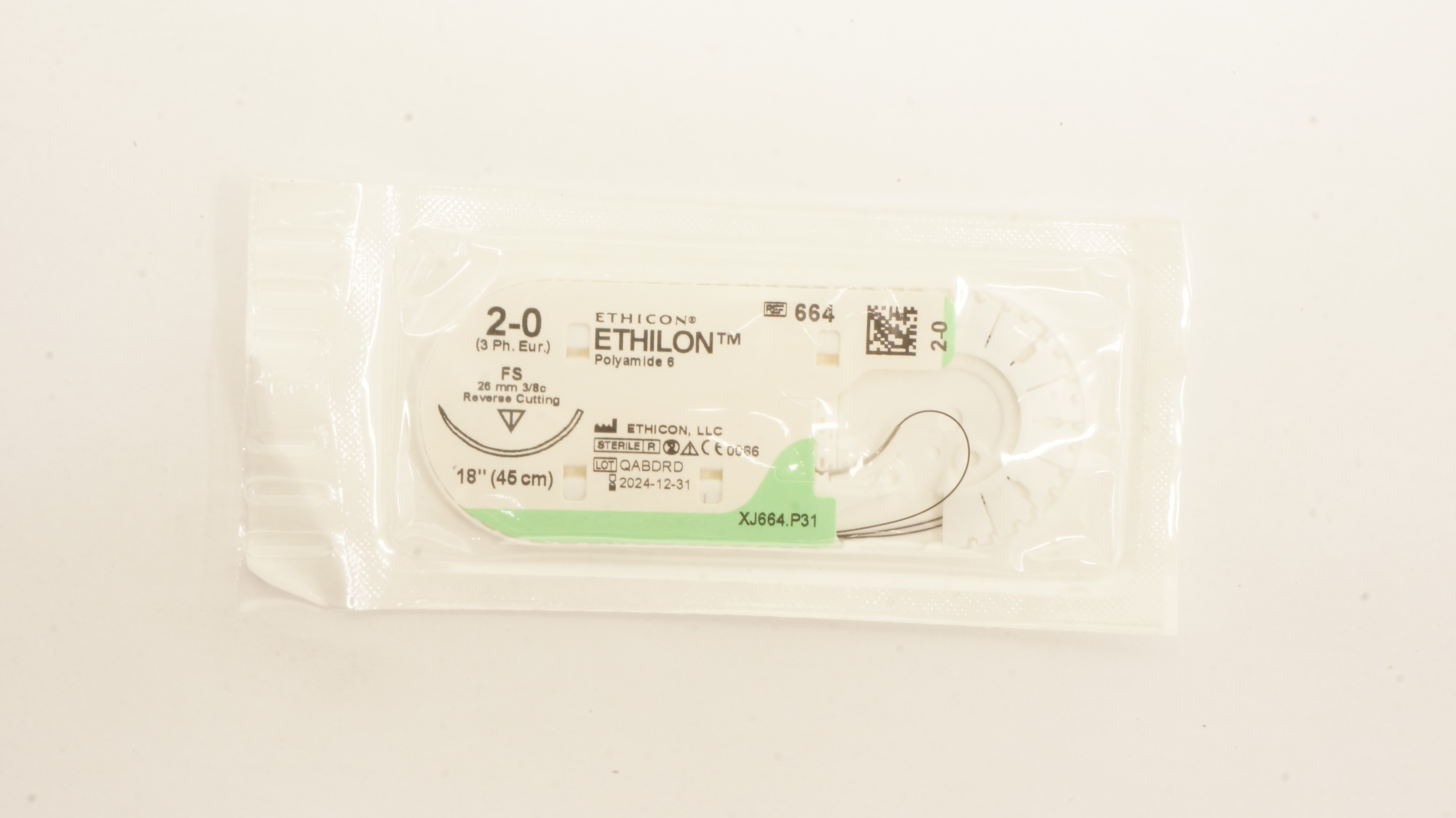 Ethicon 664 2-0 Ethilon Nylon Stre FS 26mm 3/8c Reverse Cutting, 18 inch