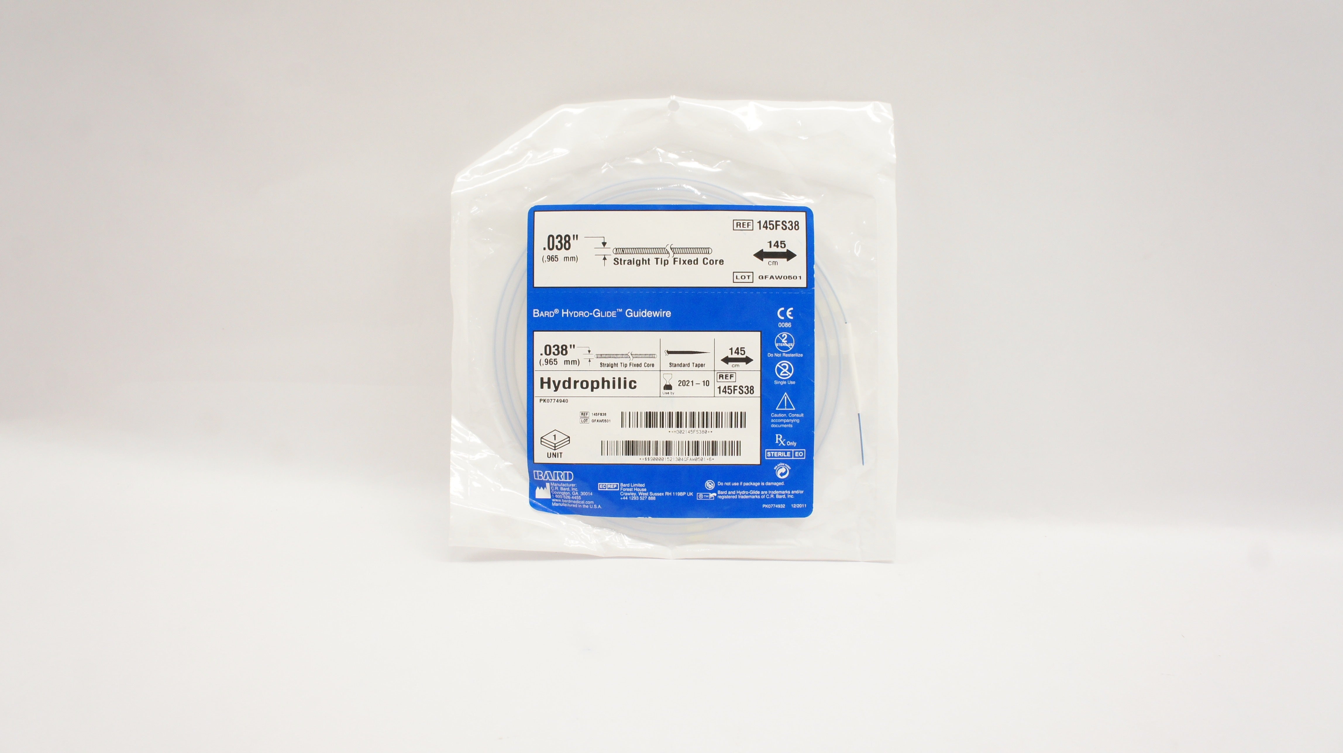 Bard 145FS38 Hydro-Glide Guidewire, Straight Tip Fixed Core 0.038inch x 145cm(x)