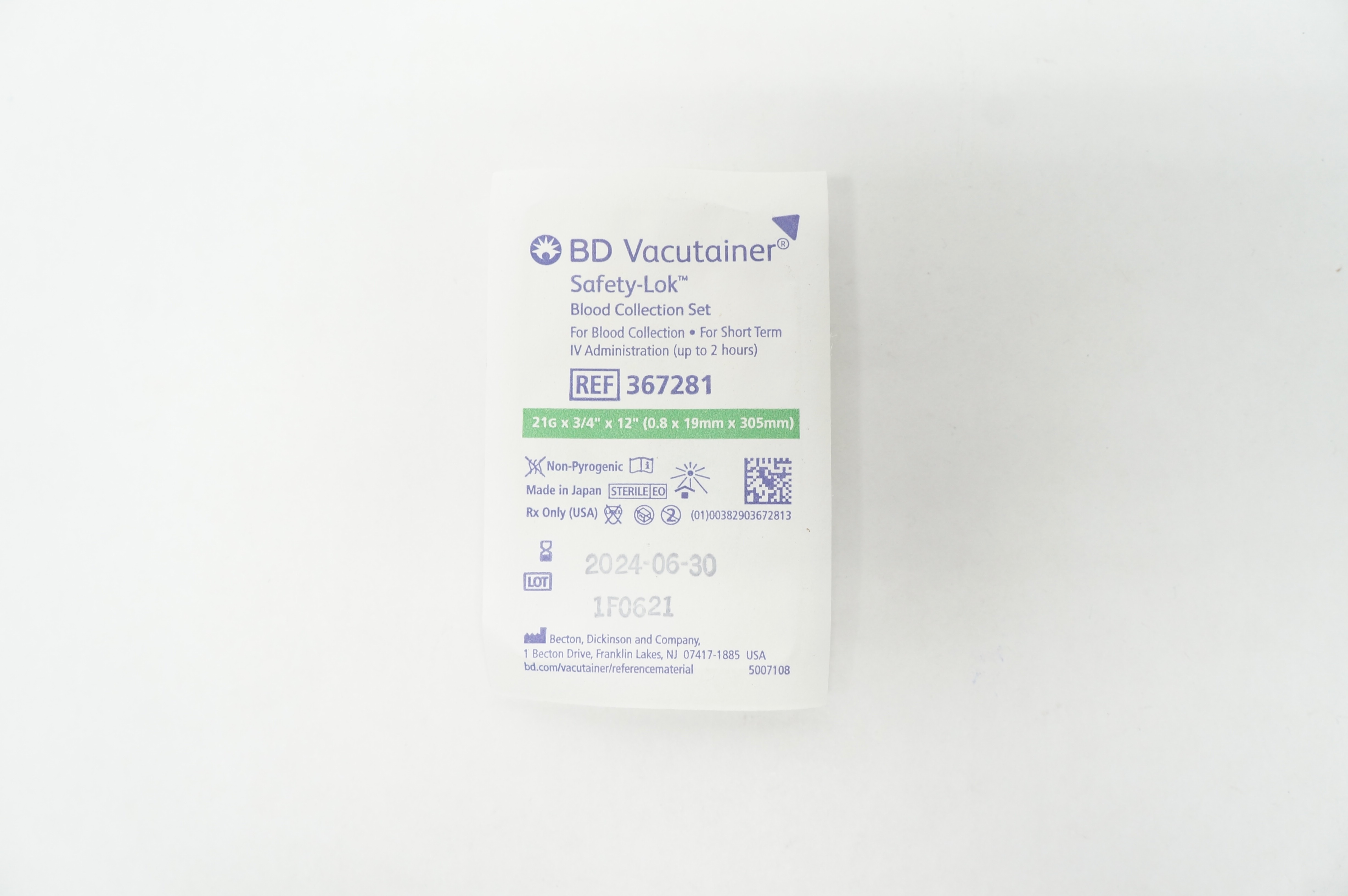BD 367281 Vacutainer Safety-Lok Blood Collection Set 21G x 3/4inch x 12inch