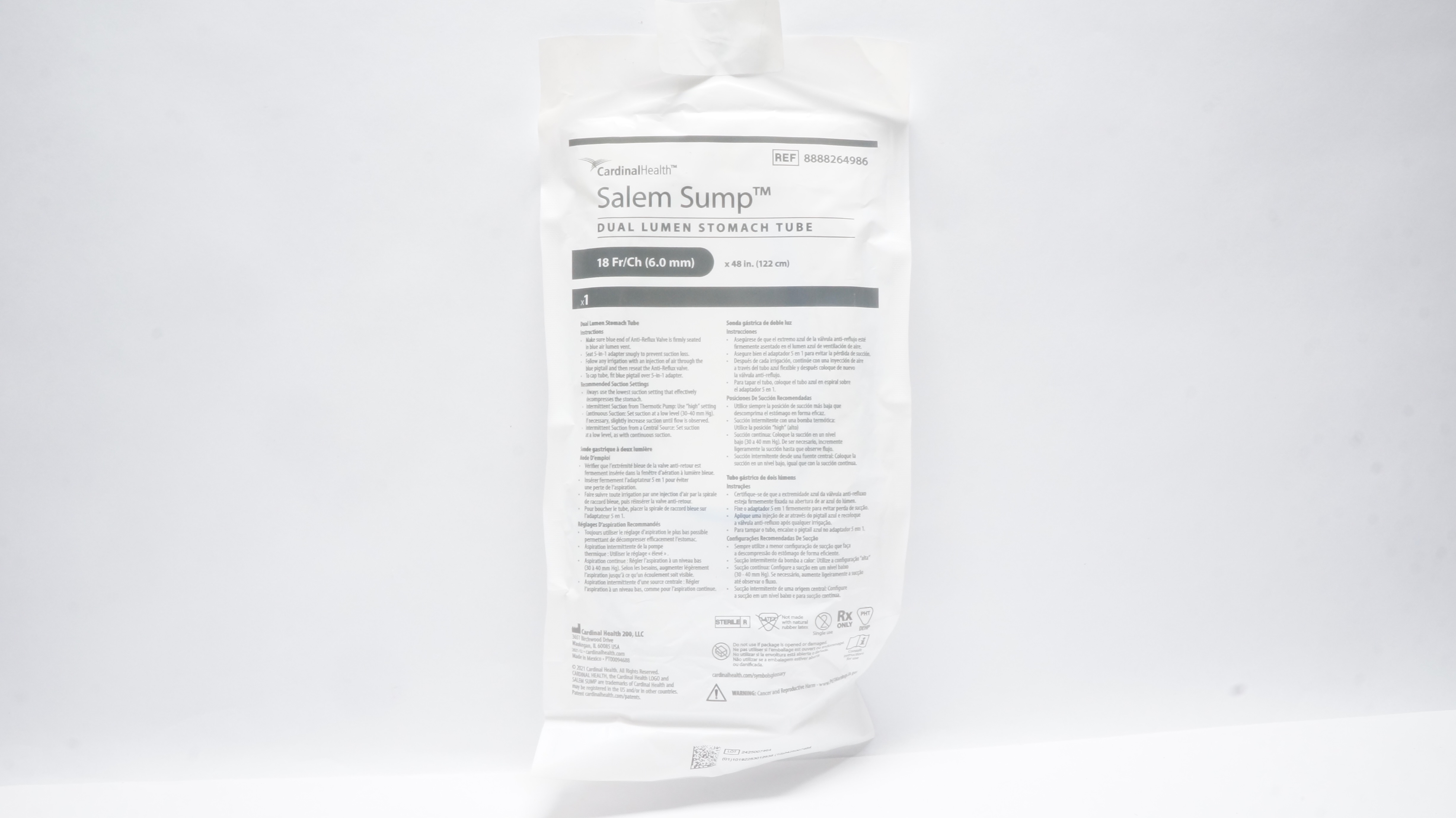 Cardinal Health 8888264986 Salem Sump Dual Lumen Stomach Tube 18Fr/Ch x 48 inch