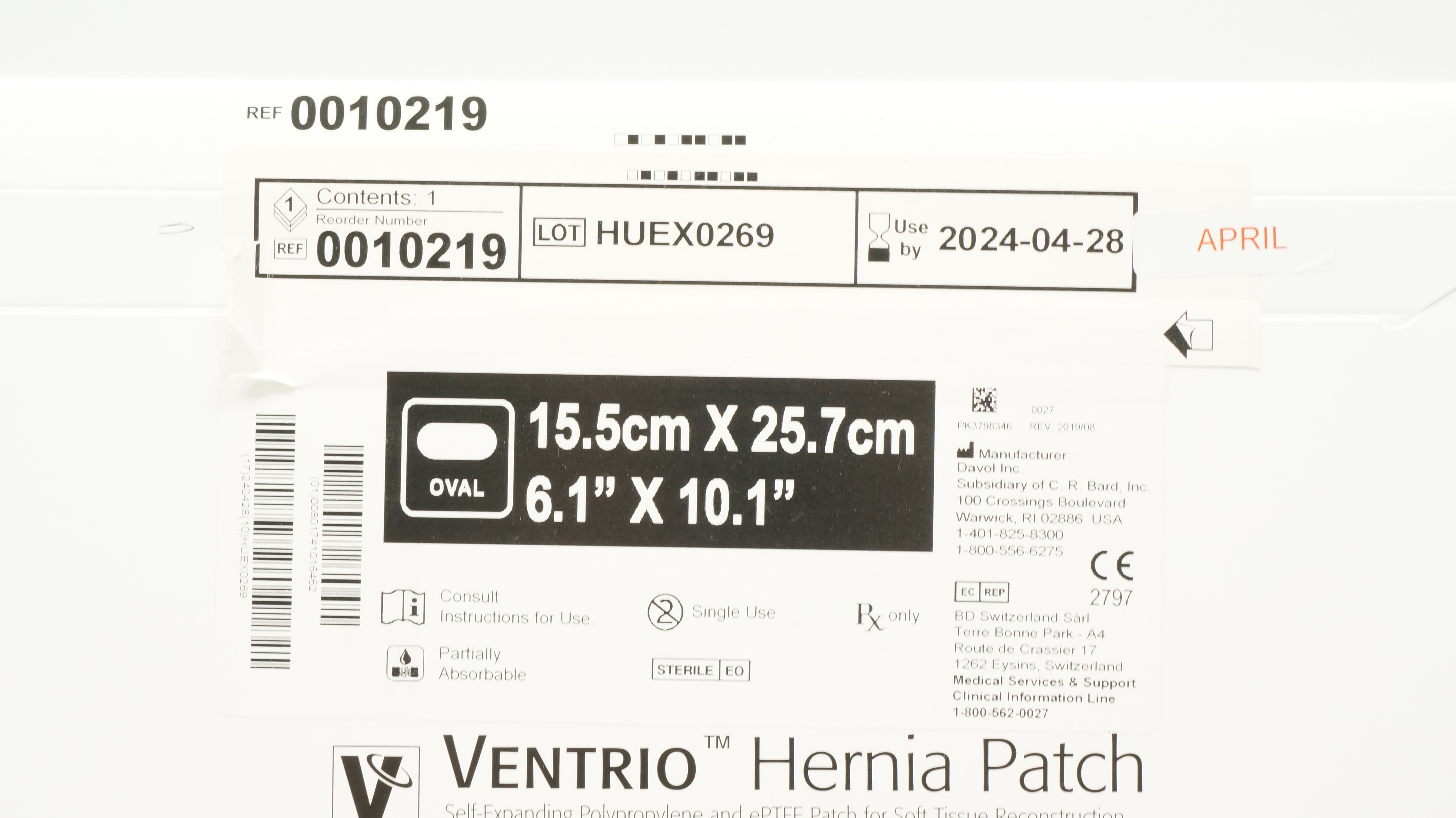 Bard 0010219 Davol Ventrio Hernia Patch 6.1inch x 10.1inch (x)