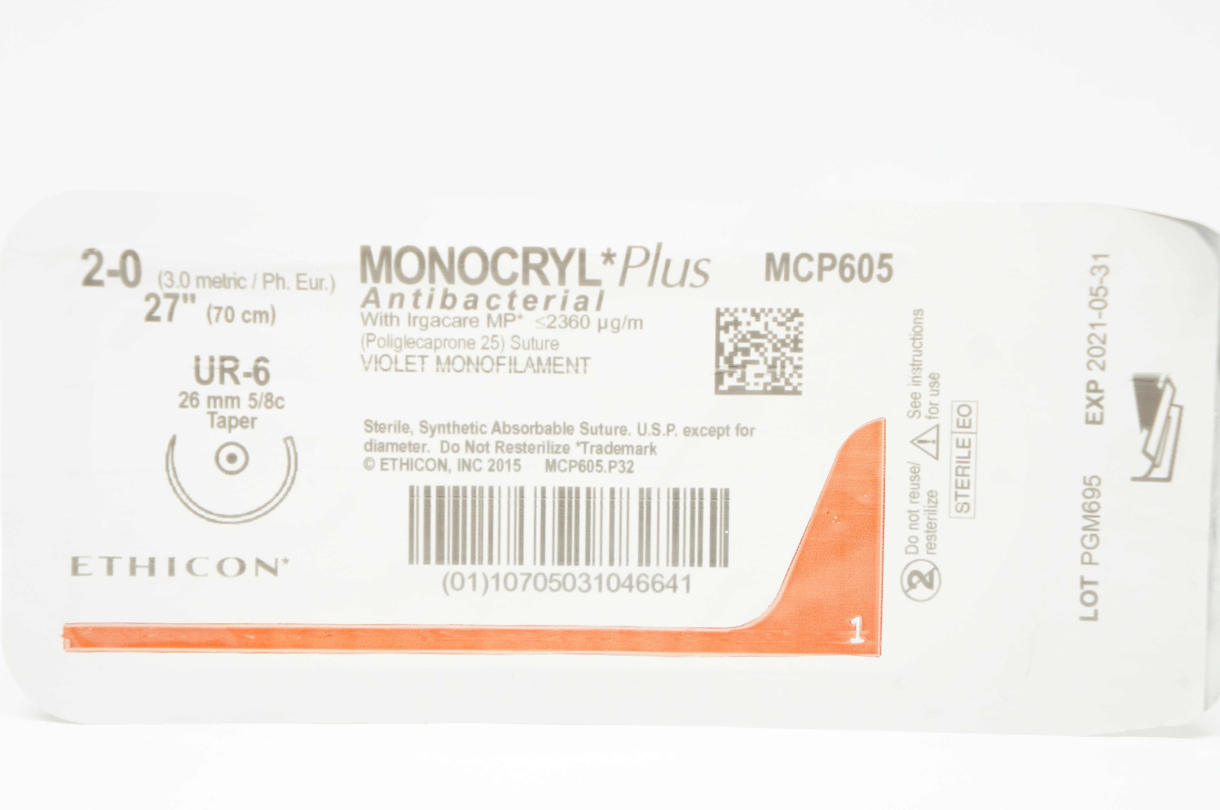 Ethicon MCP605 2-0 MONOCRYL Plus Violet, UR-6 26mm 5/8c Taper, 27inch (x)