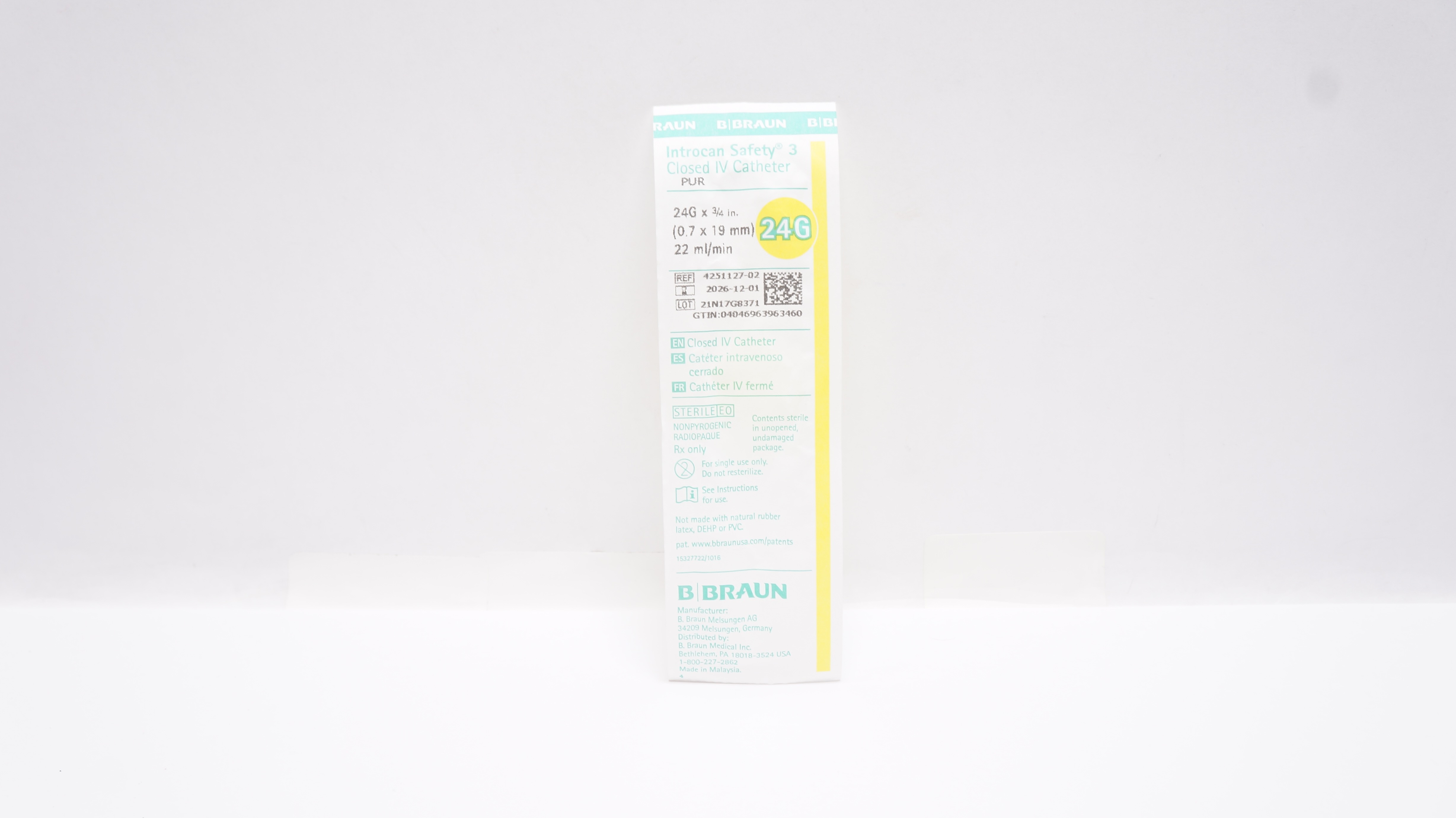 Braun 4251127-02 Introcan Safety 3 Closed IV Cath. 24G x 3/4inch 22ml/min