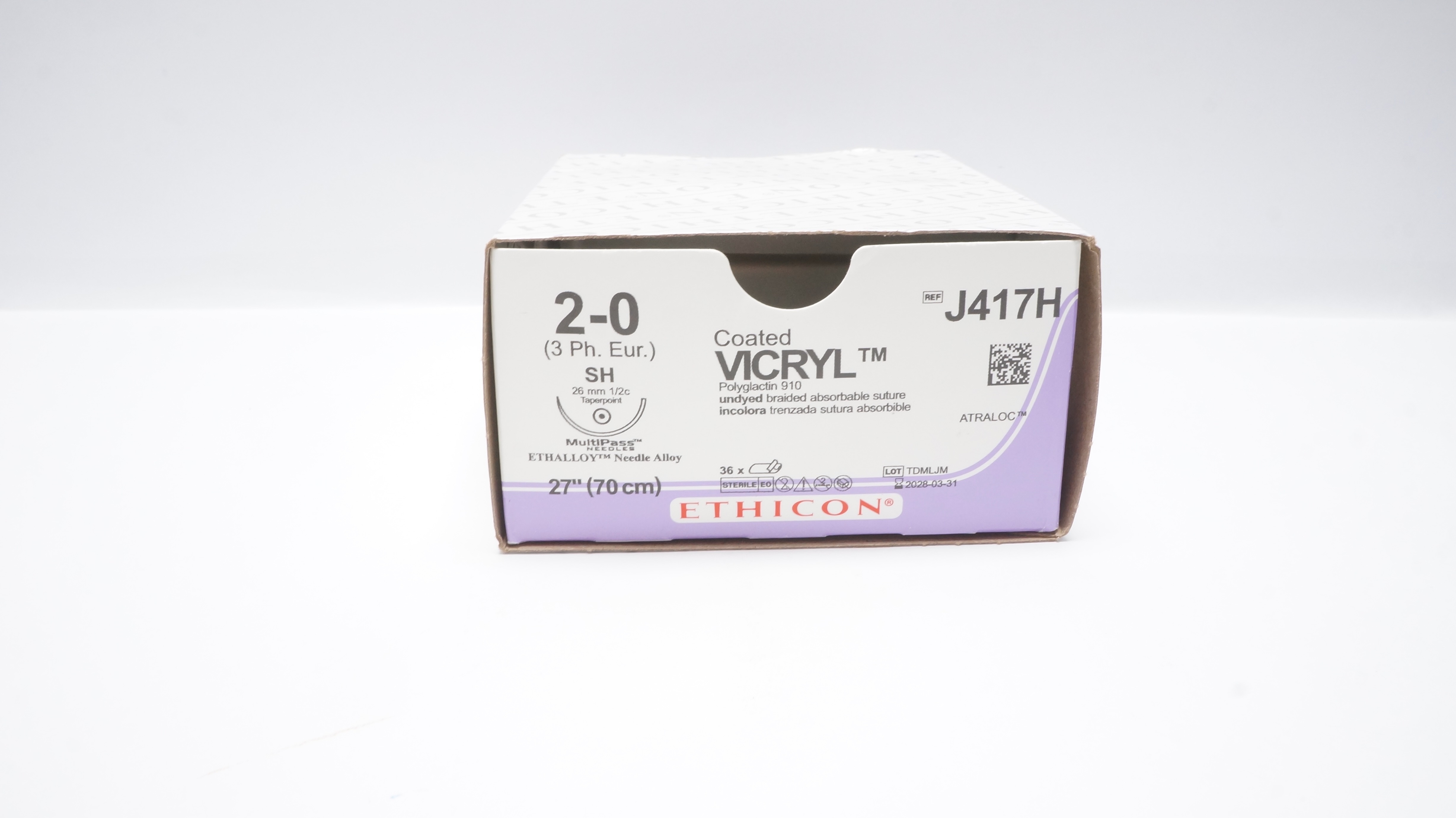 Ethicon J417H 2-0 COATED VICRYL 27inch Stre,w/SH 26mm Multipass Ndle.- Box of 15