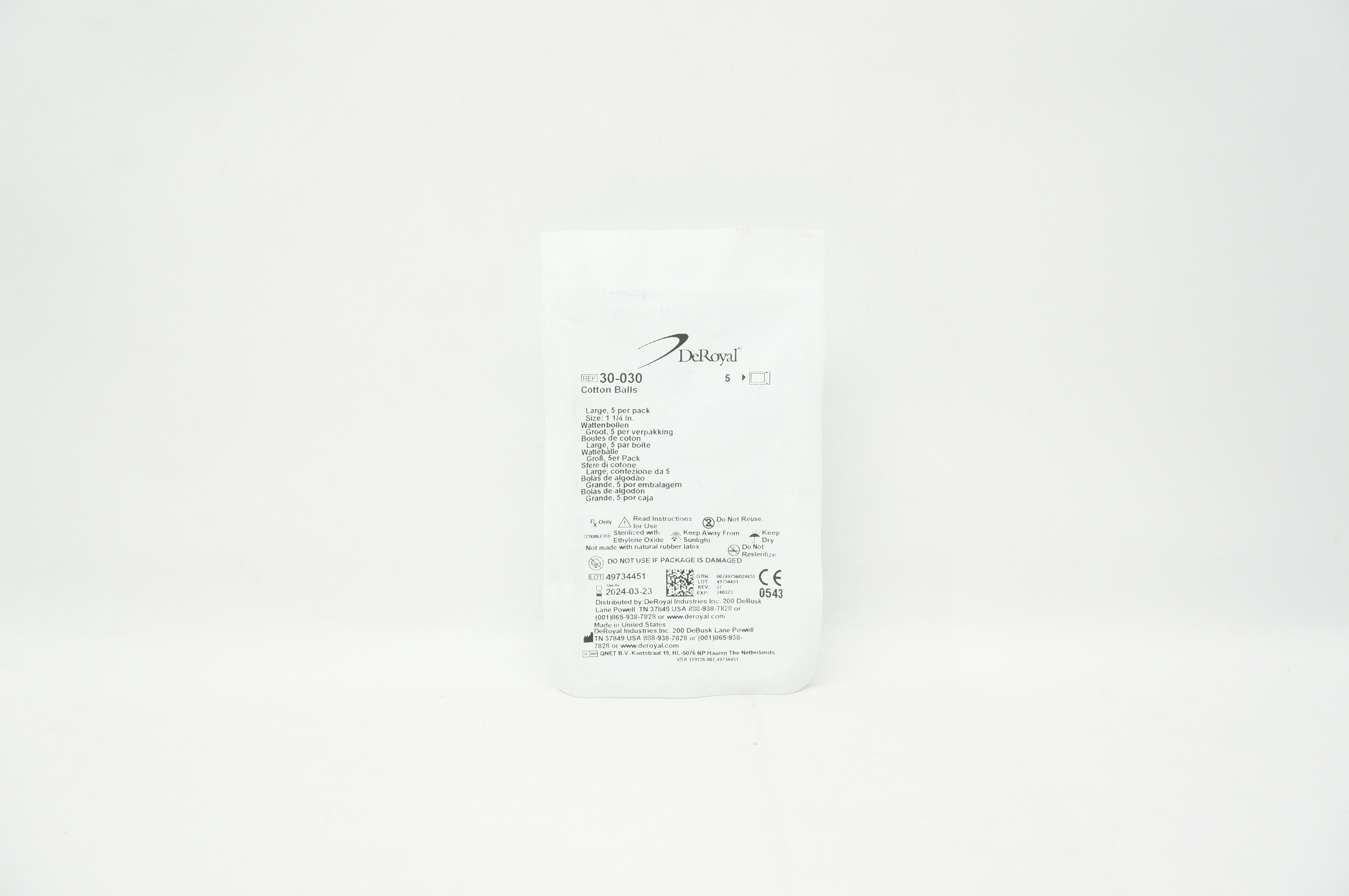 DeRoyal 30-030 Cotton Balls Large Size 1-1/4inch - Pack of 5