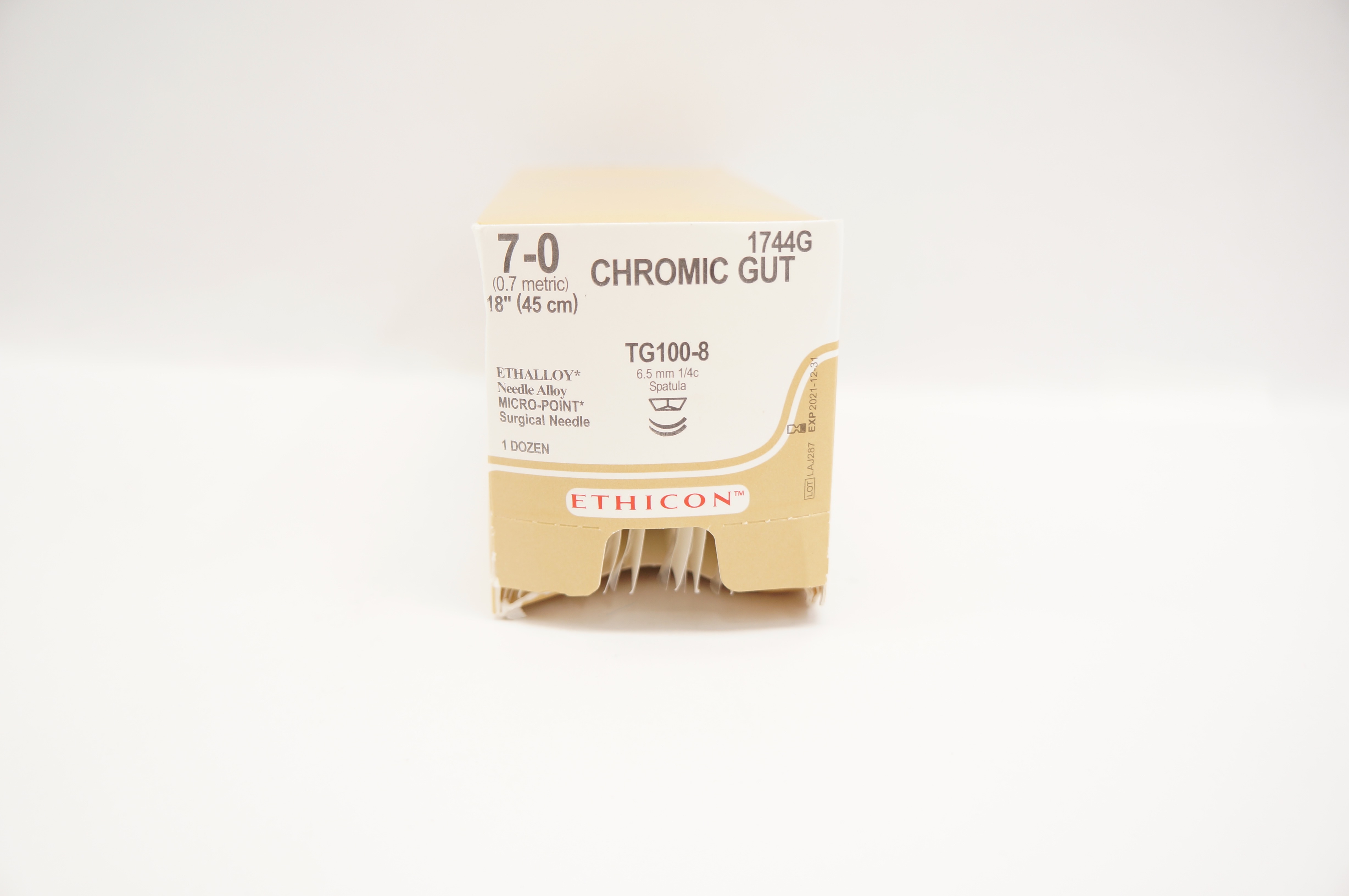 Ethicon 1744G 7-0 Chromic Gut TG100-8 6.5mm 1/4c Spatula 18inch (x) - Box of 12