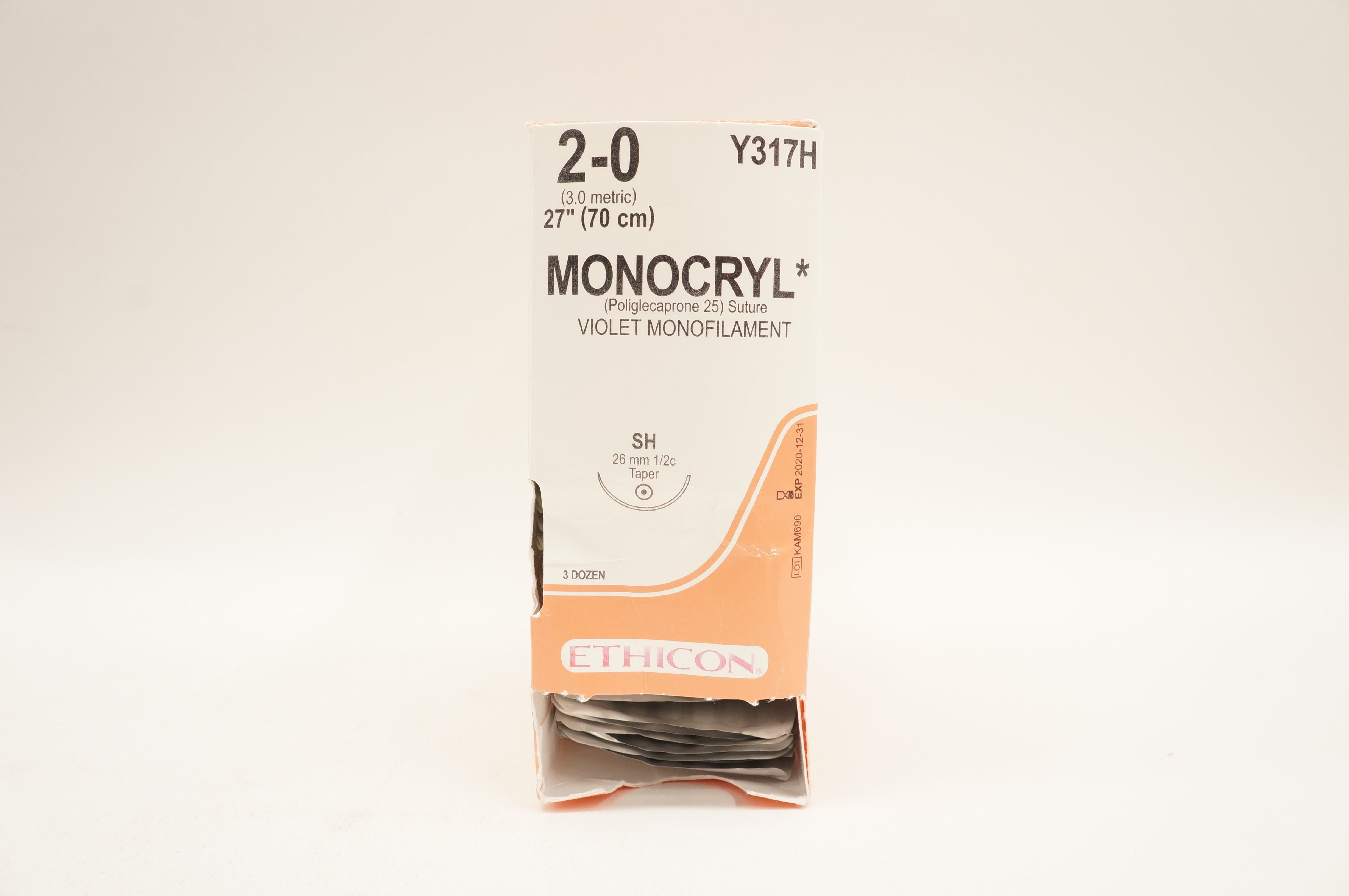 Ethicon Y317H 2-0 Monocryl SH 26mm 1/2c Taper 27inch - Box of 32 (x)