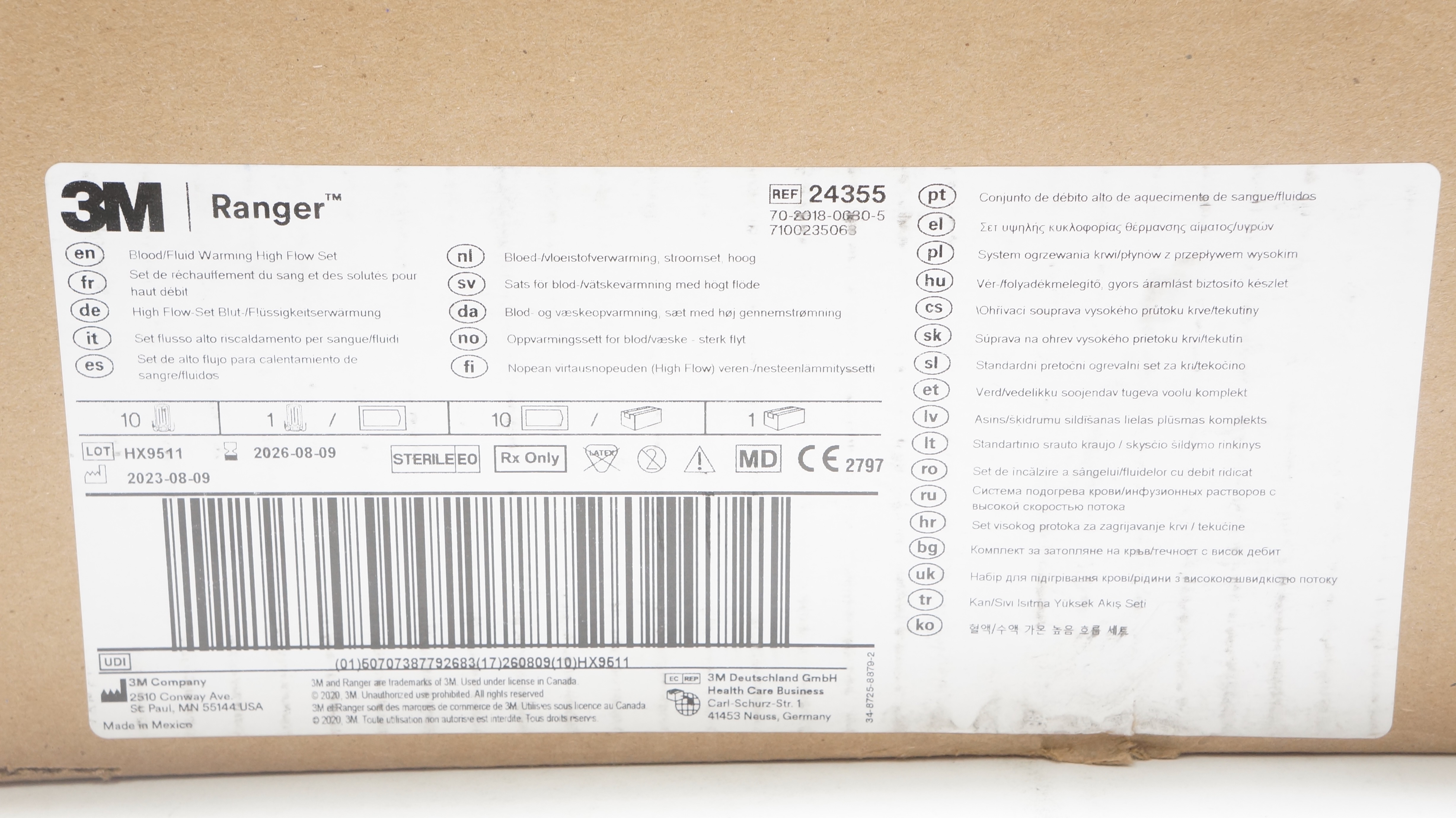 3M 24355 Ranger High Flow Blood/Fluid Warming High FLow Set - Box of 10