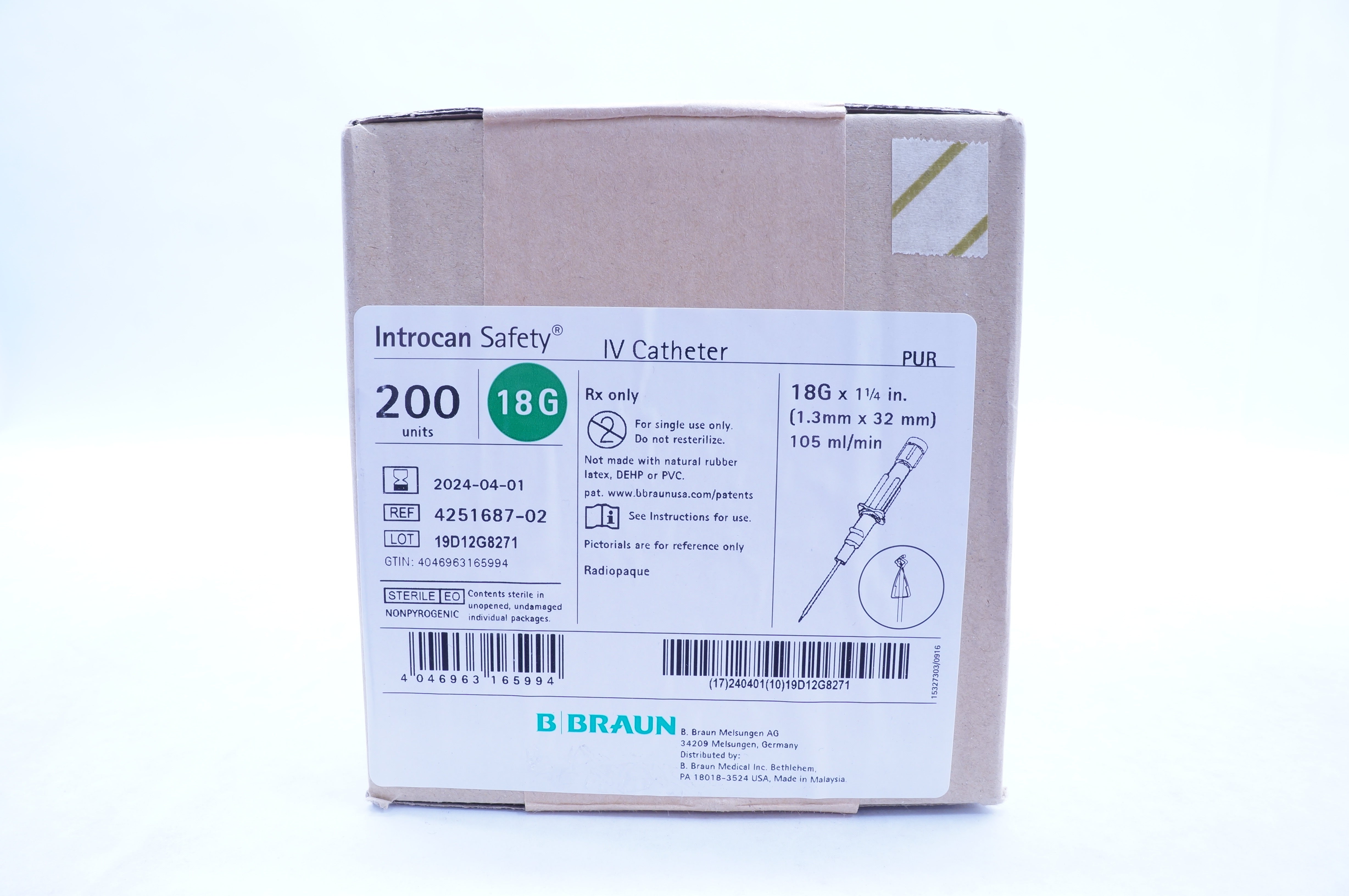 B.Braun 425168702 Introcan Safety IV Cath. 18G x 11/4inch Box of 200