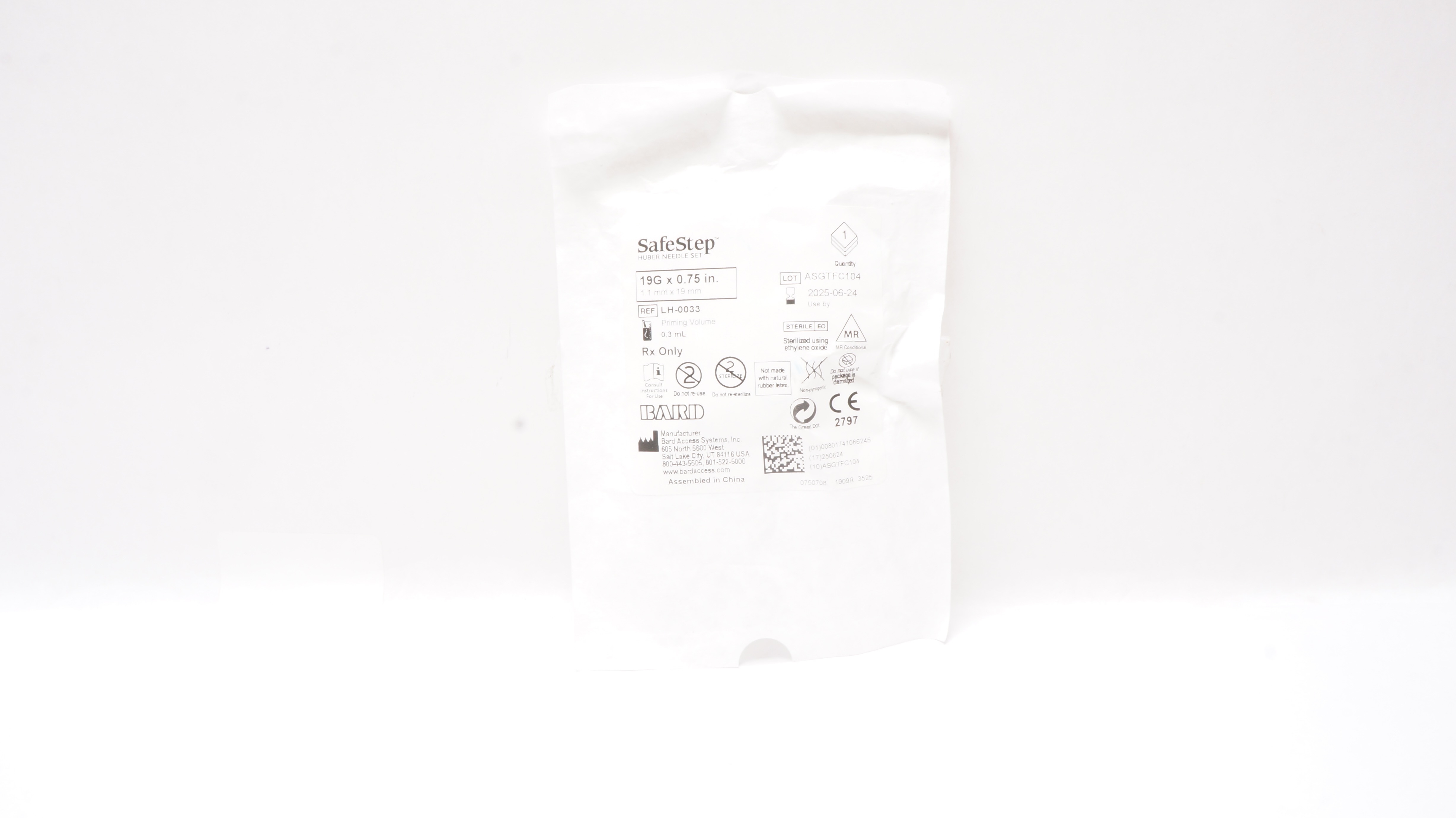 Bard LH-0033 SafeStep Huber Ndle Set 19G x 0.75 inch, Priming Volume 0.3mL
