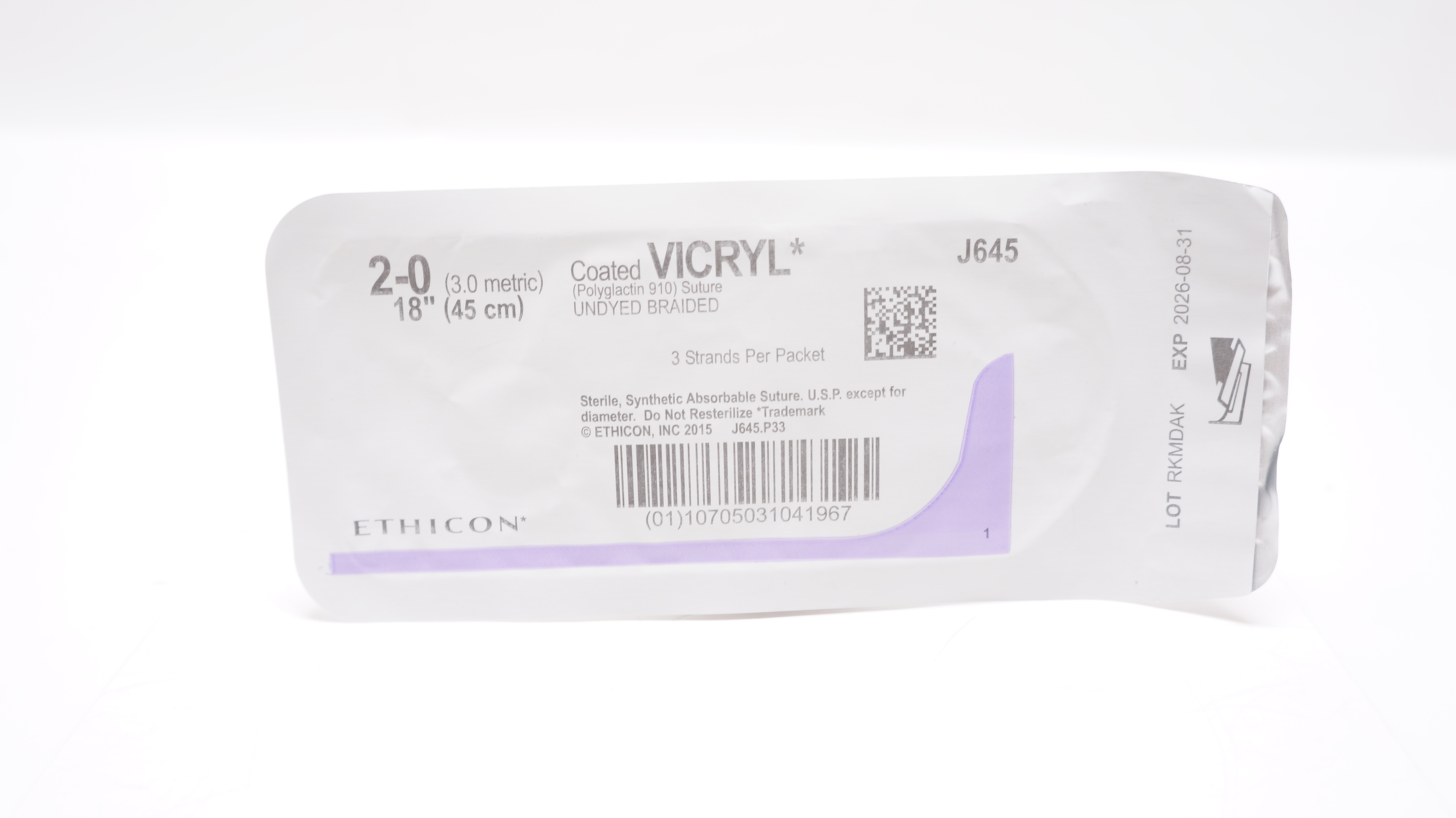 Vic Ryp Ethicon J645 2-0 VICRYL, Undyed Braided, 18inch