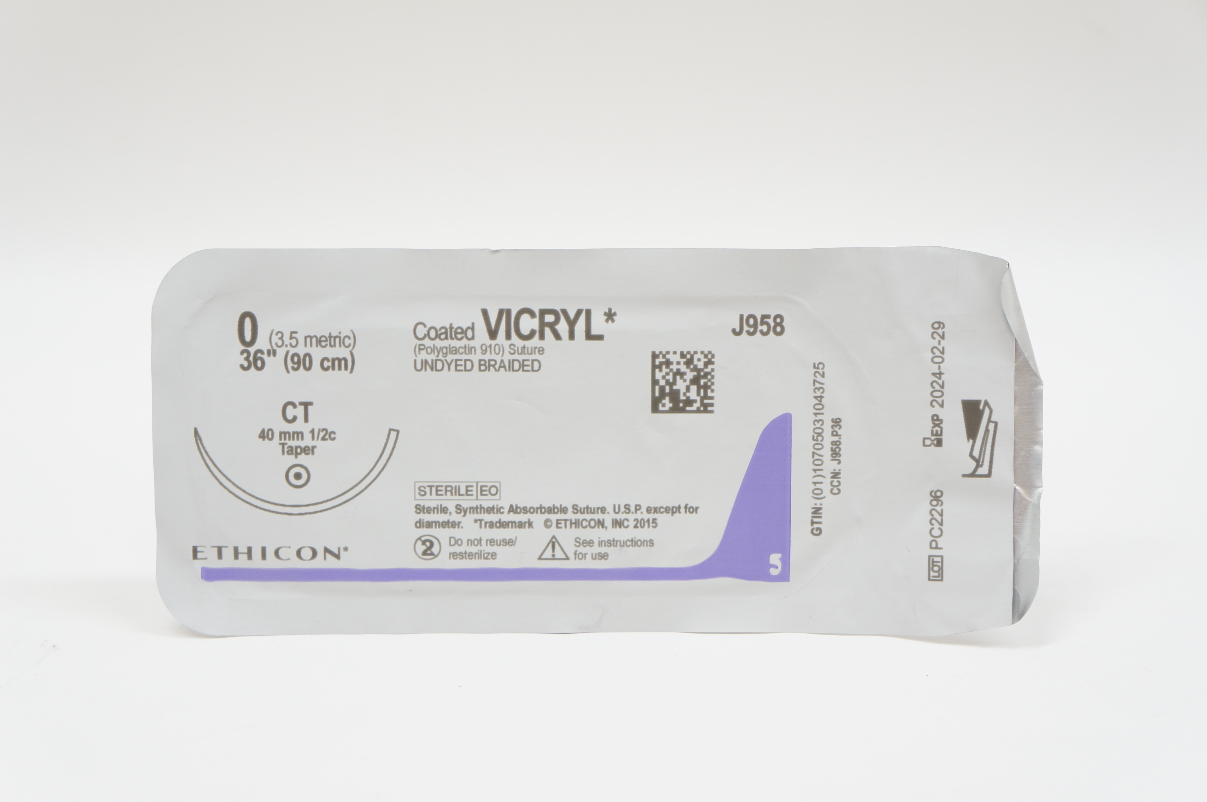Ethicon J958 0 Coated VICRYL Polyglactin Stre CT 40mm 1/2c Taper, 36inch