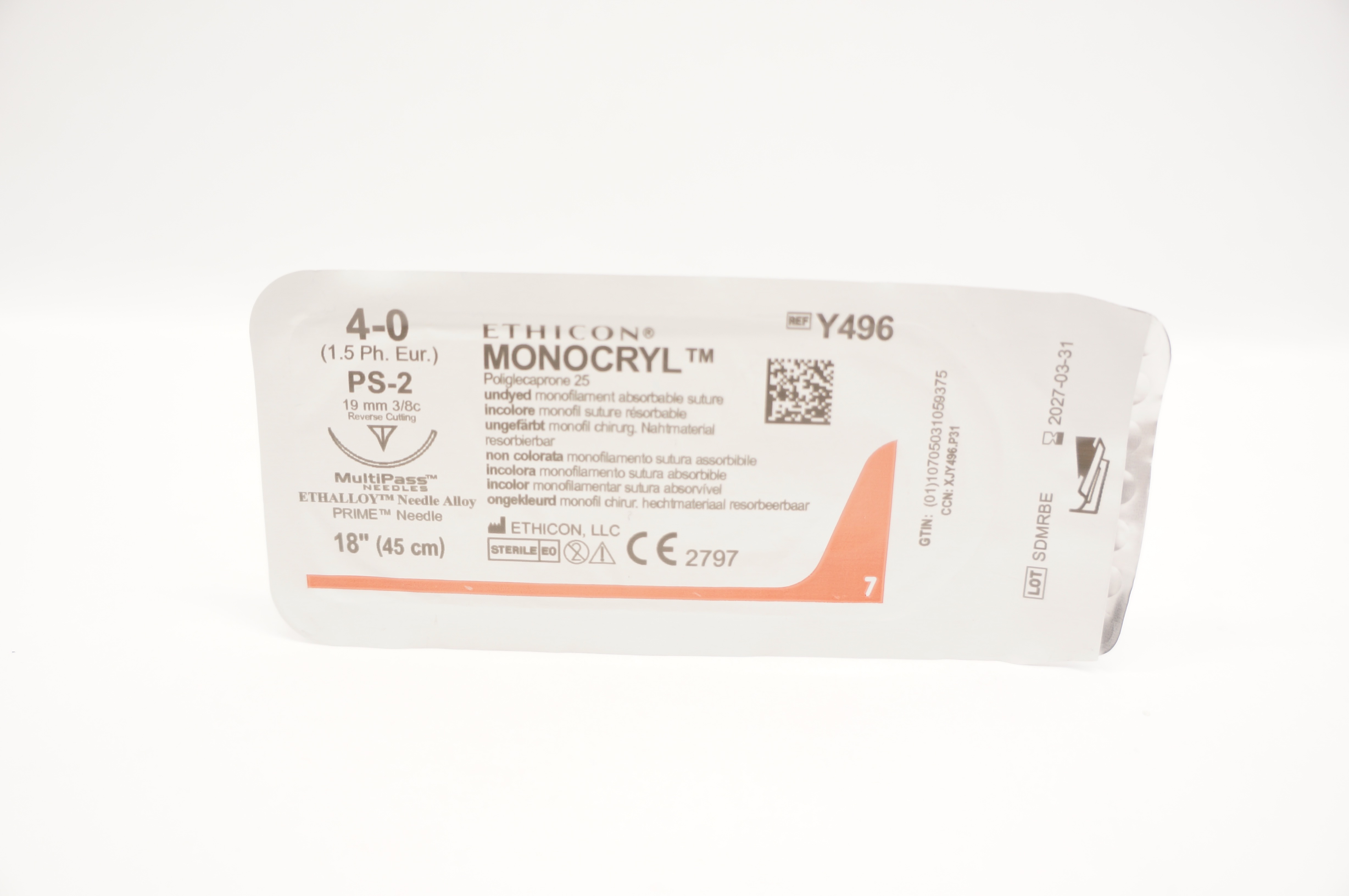 Ethicon Y496 4-0 Monocryl Undyed Stre PS-2 19mm 3/8c Reverse Cutting 18 inch
