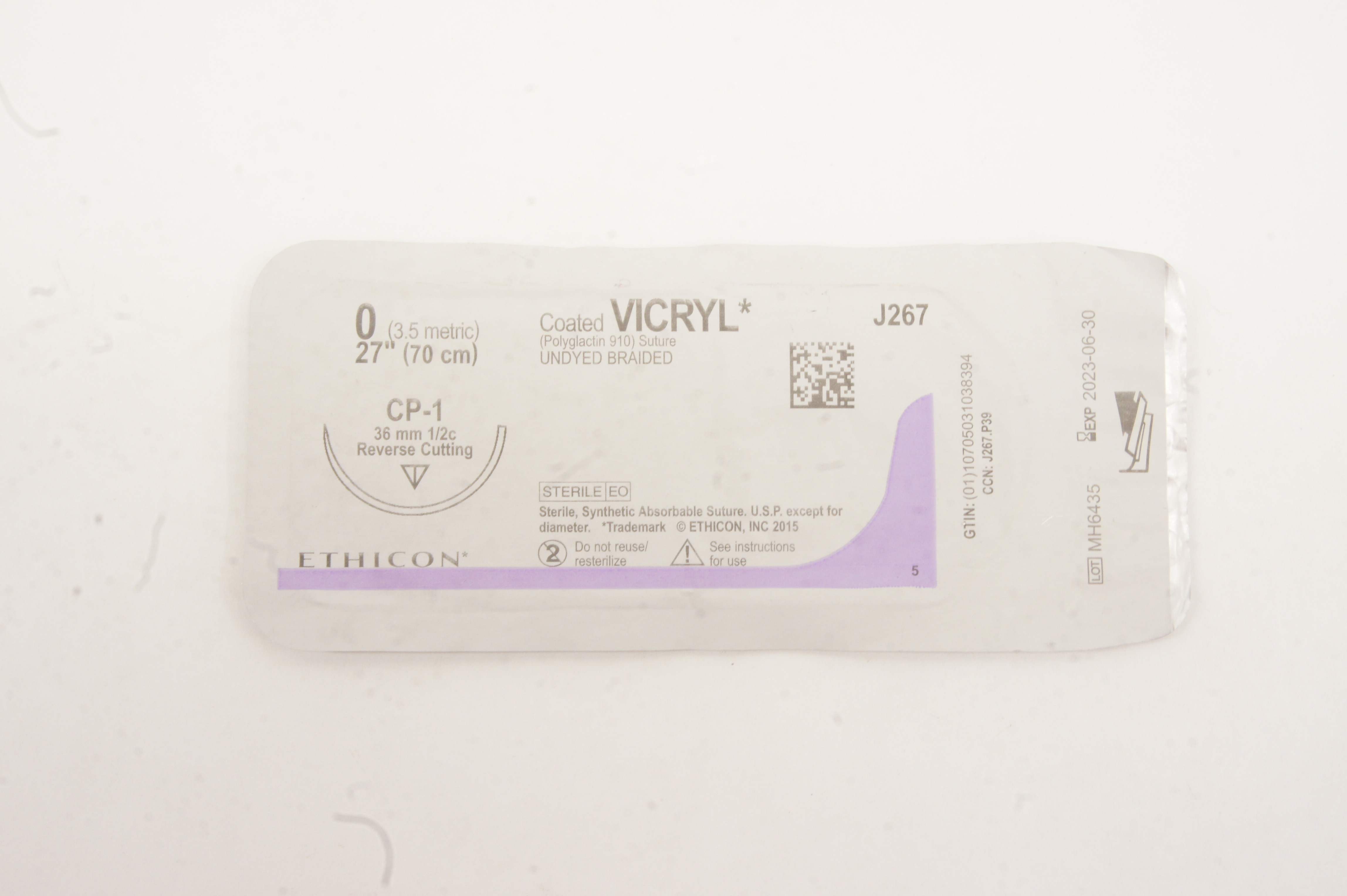 Ethicon J267 0 VICRYL CP-1, 36mm 1/2c Reverse Cutting, 27inch