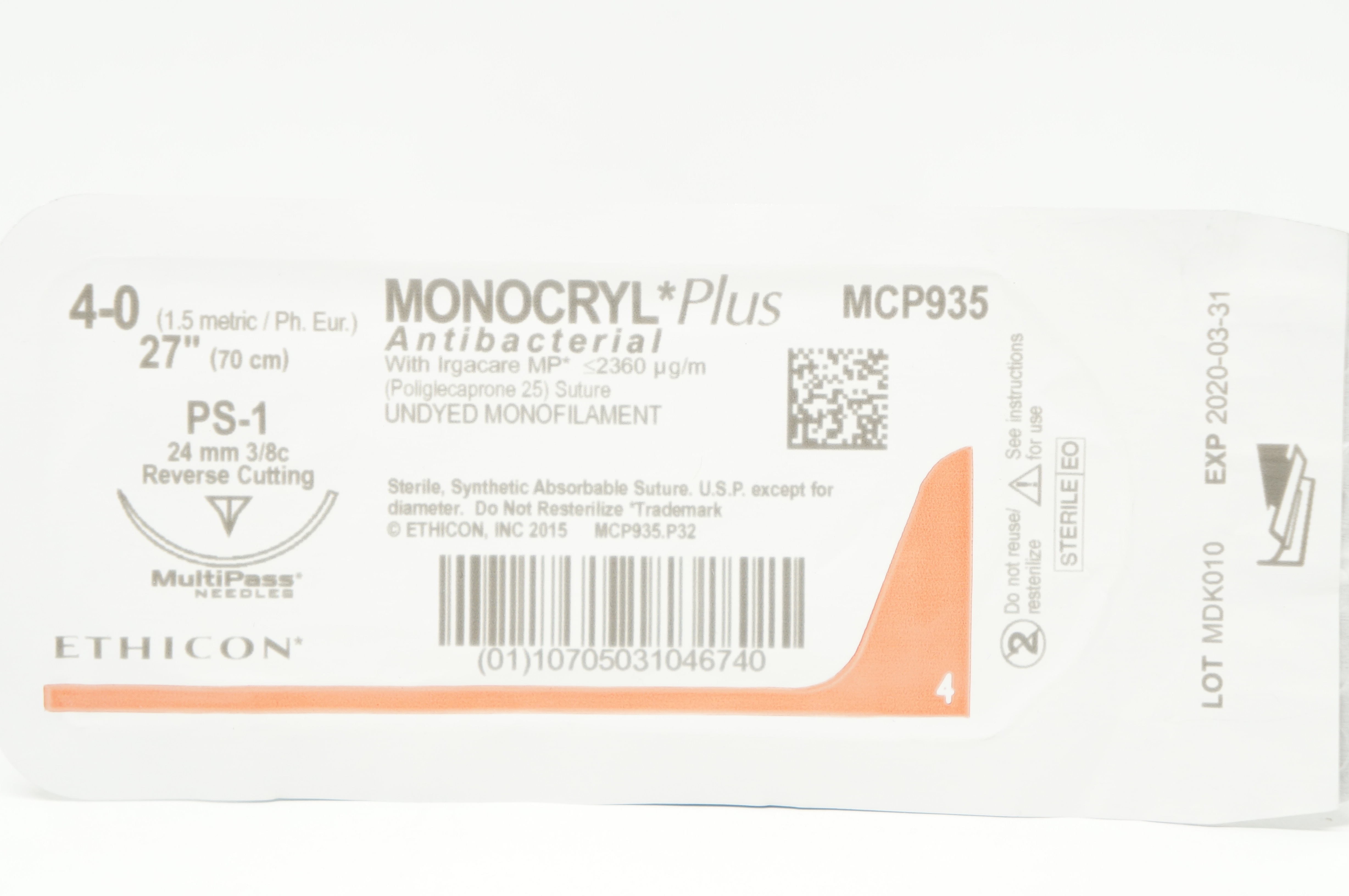 Ethicon MCP935 4-0 MONOCRYL Plus, PS-1 24mm 3/8c Reverse Cutting, 27inch (x)