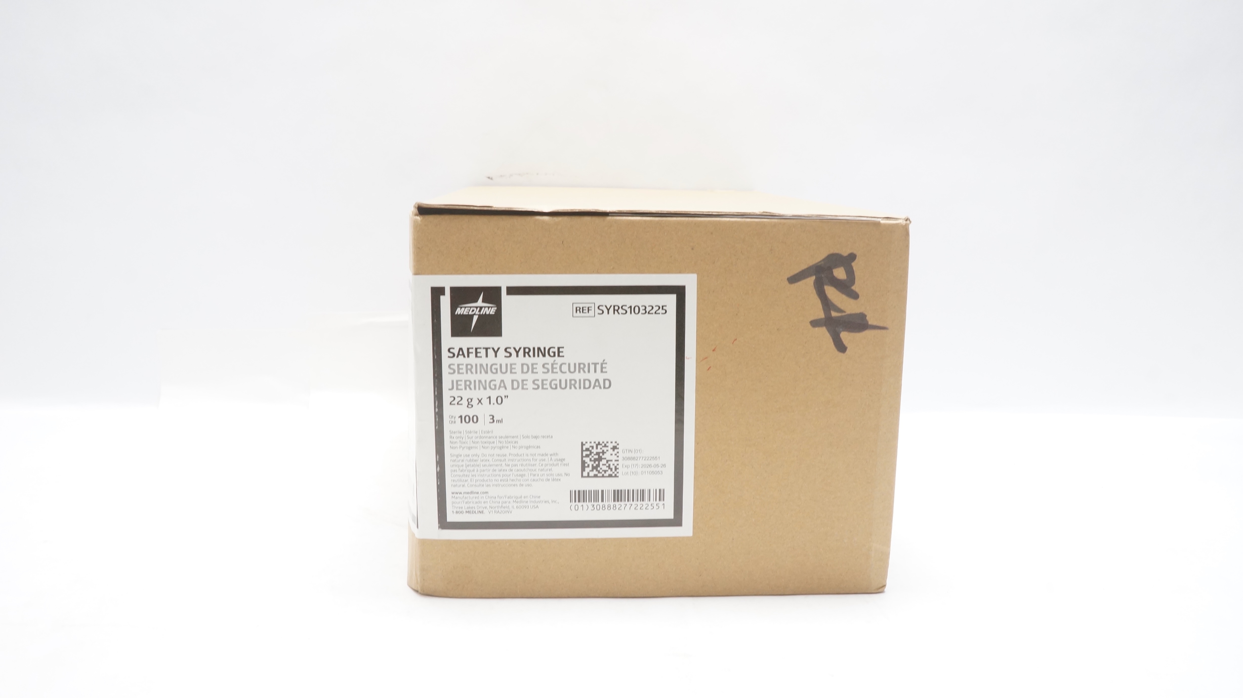 Medline SYRS103225 Safety Syringe 22G x 1.0inch, 3mL - Case of 100