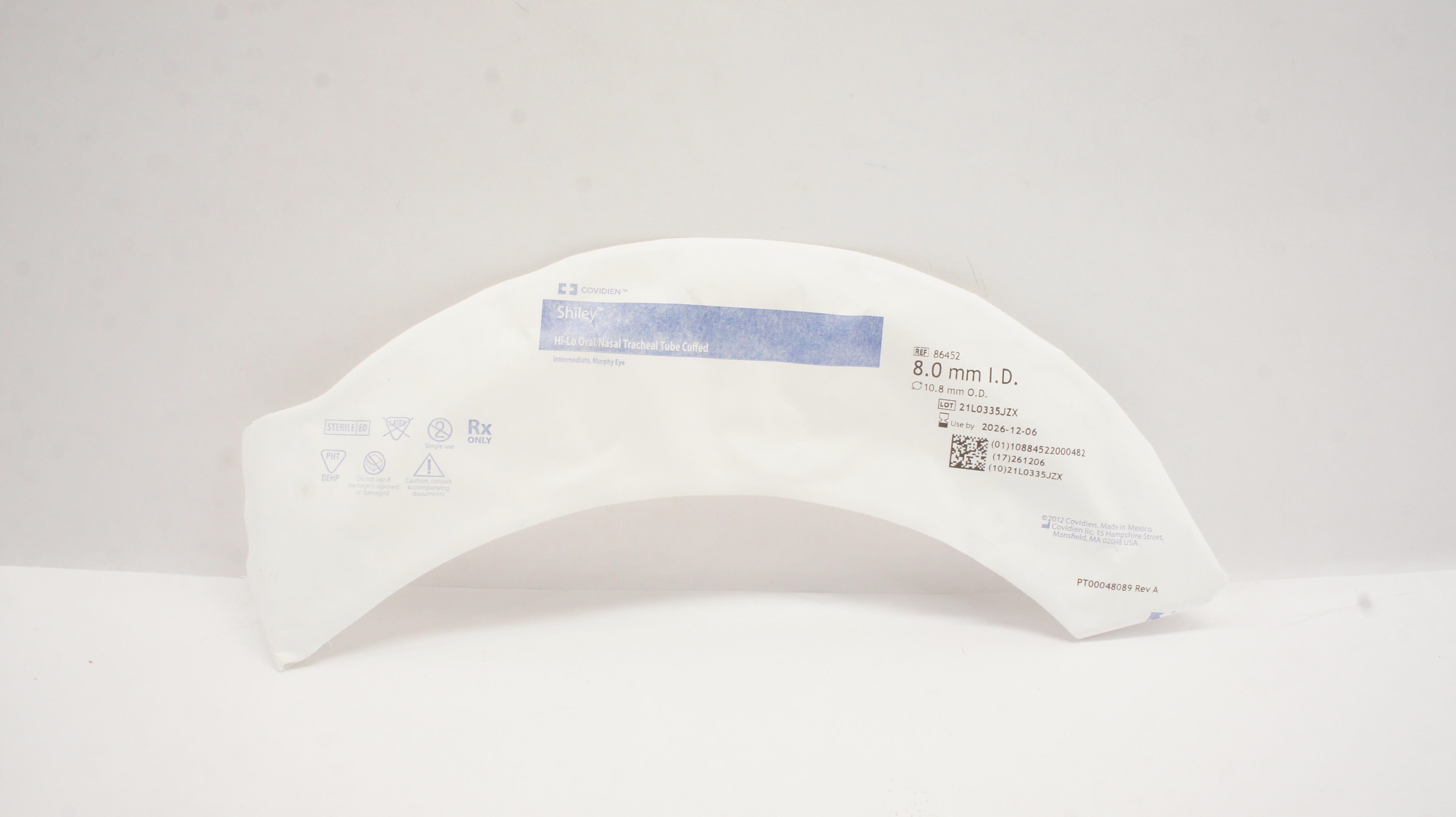 Covidien 86452 Shiley Hi-Lo Oral/Nasal Tracheal Tube Cuffed 8.0 x 10.8mm