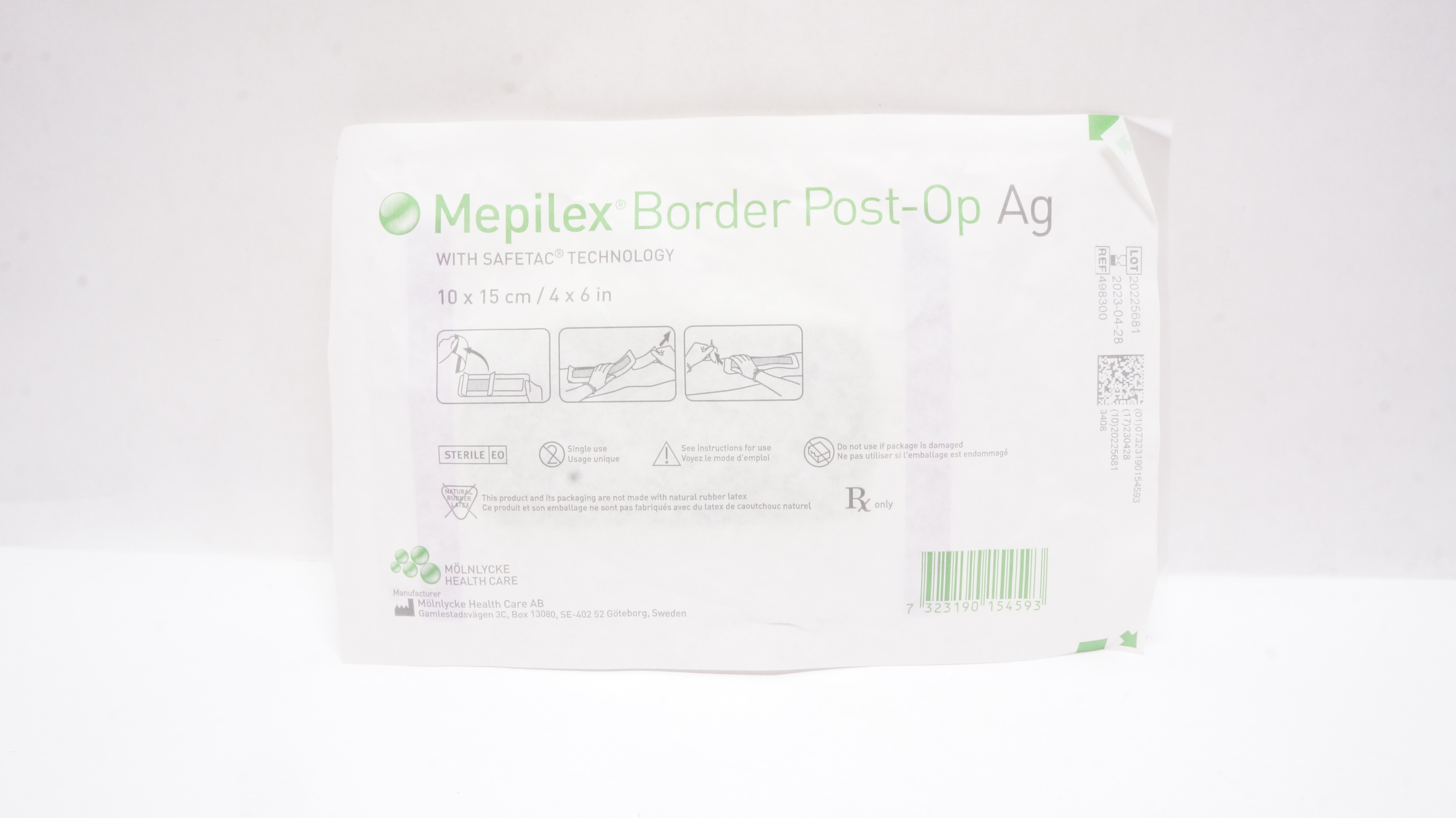 Mölnlycke 498300 Mepilex Border PostOp Ag with Safetac Technology 4in