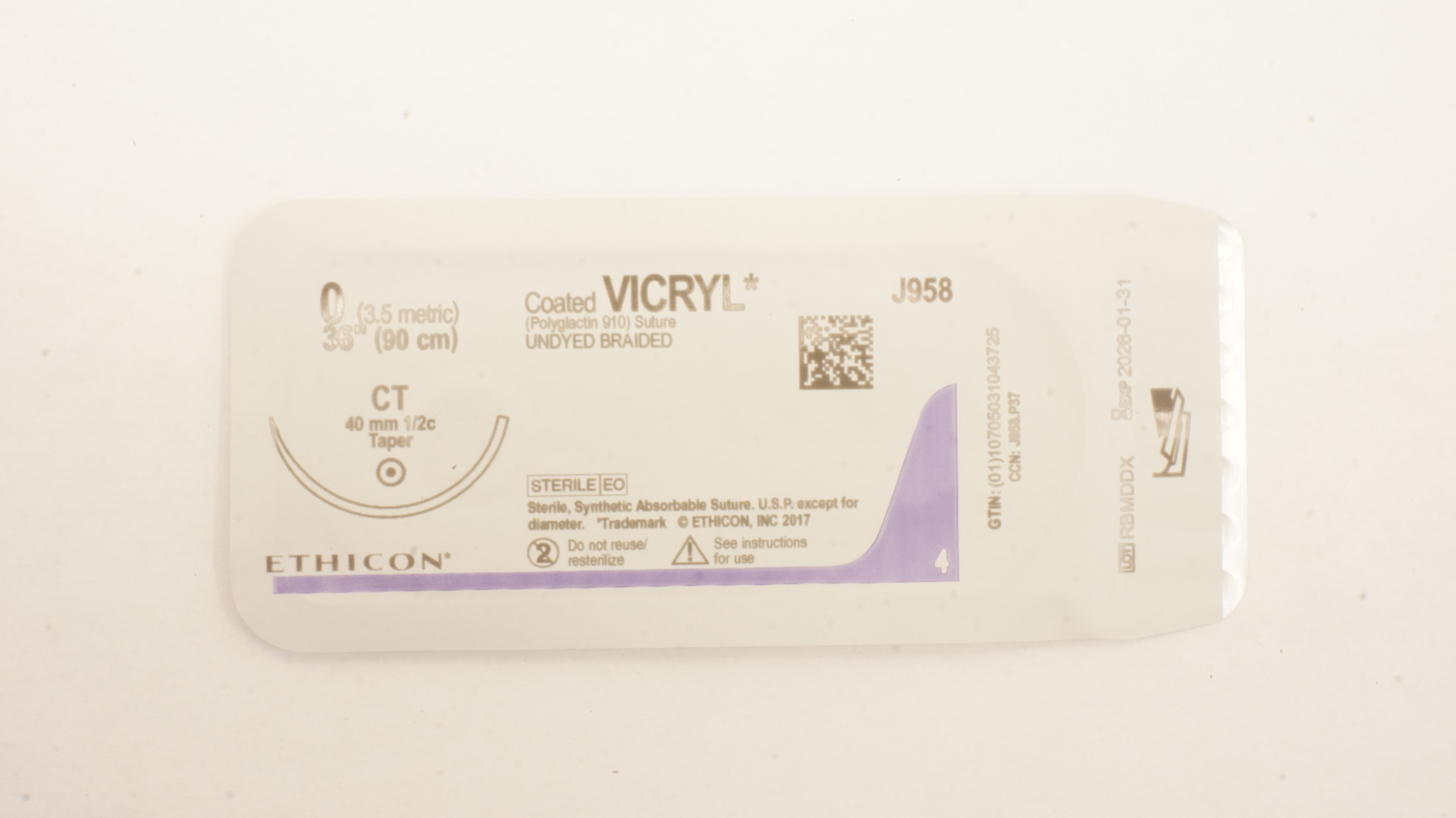 Ethicon J958 0 Coated VICRYL Polyglactin Stre CT 40mm 1/2c Taper, 36inch