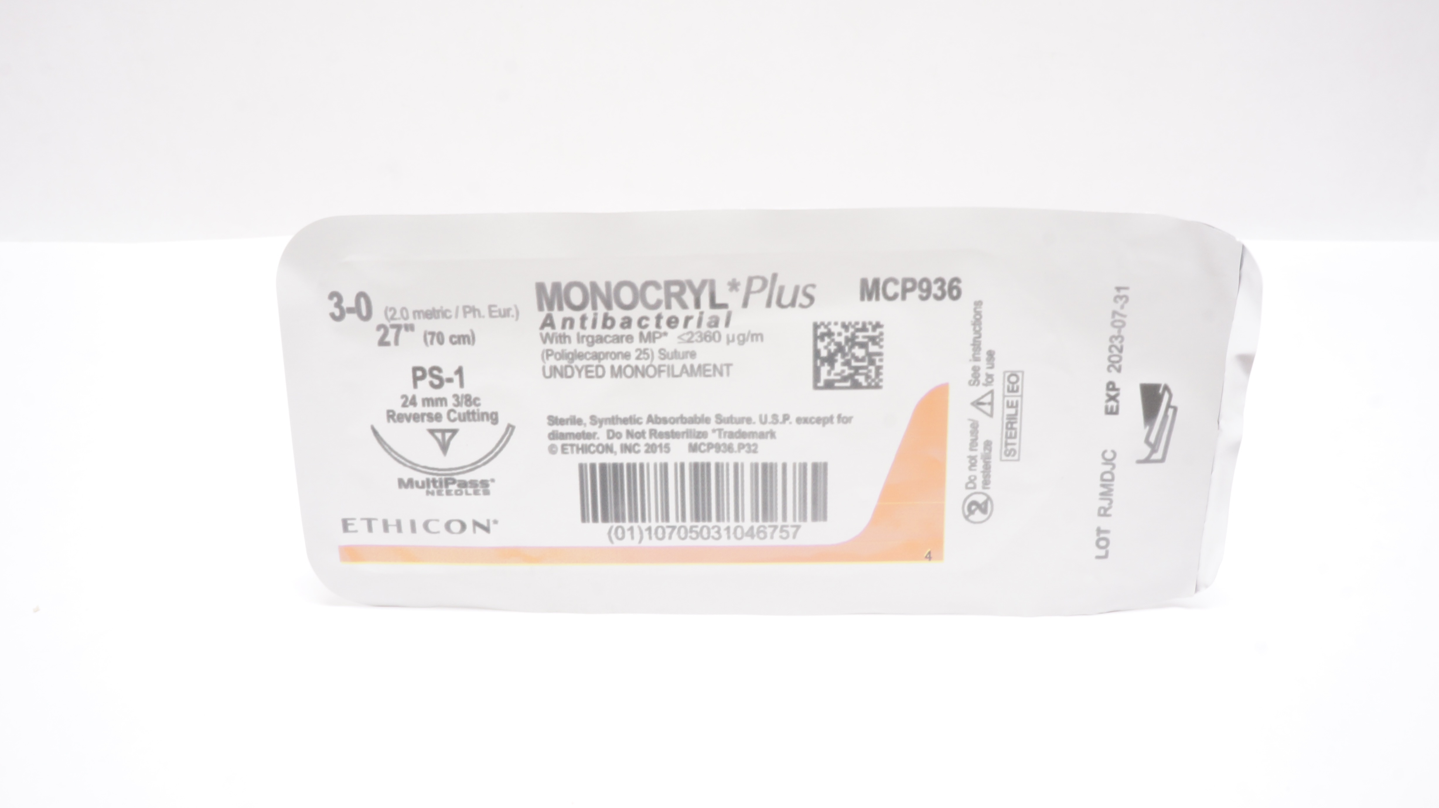 Ethicon MCP936 3-0 Monocryl Plus Stre PS-1 24mm 3/8c Reverse Cutting 27inch