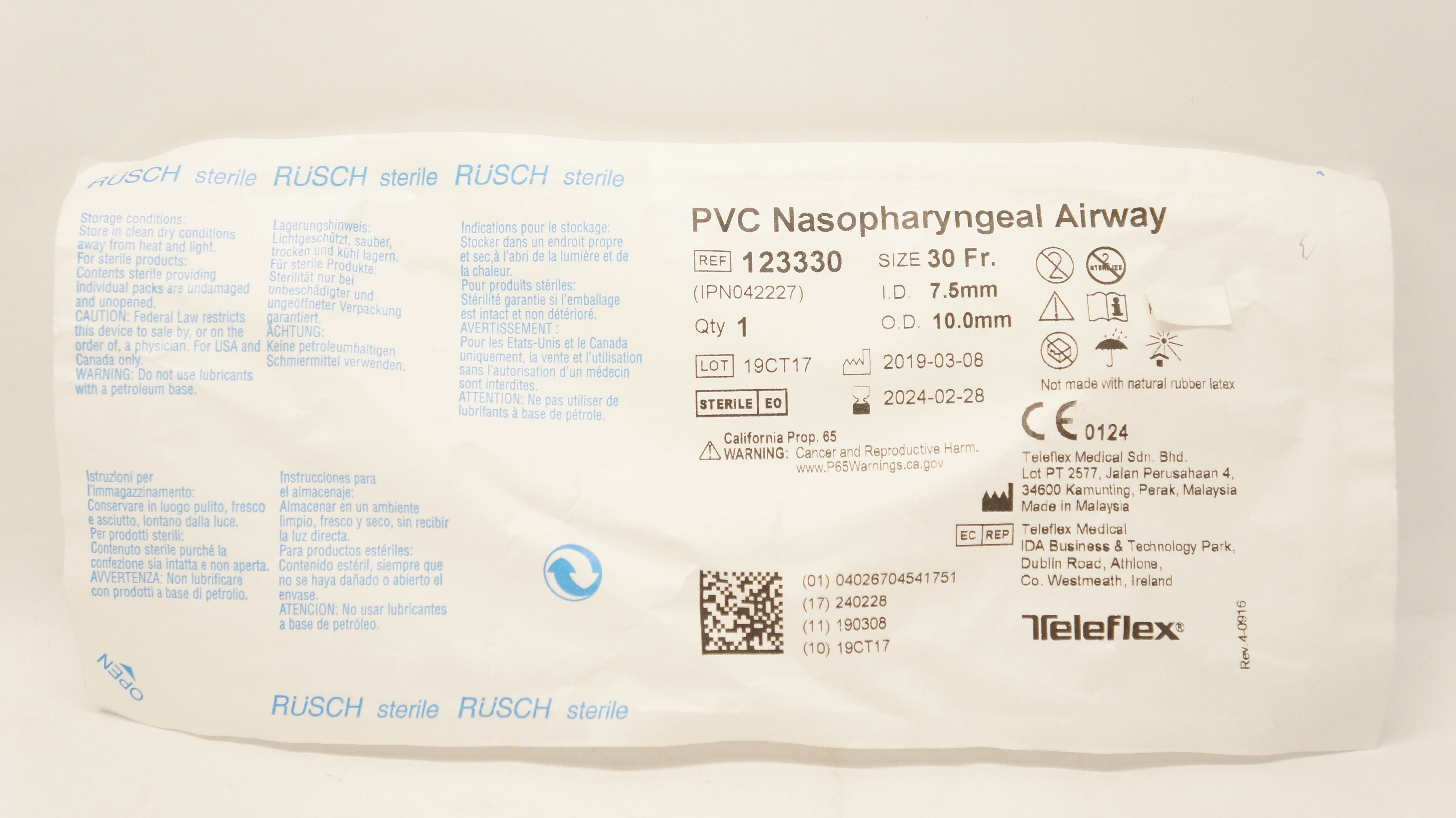 Teleflex 123330 Rusch PVC Nasopharyngeal Airway 30 Fr x 7.5mm ID x 10.0mm OD