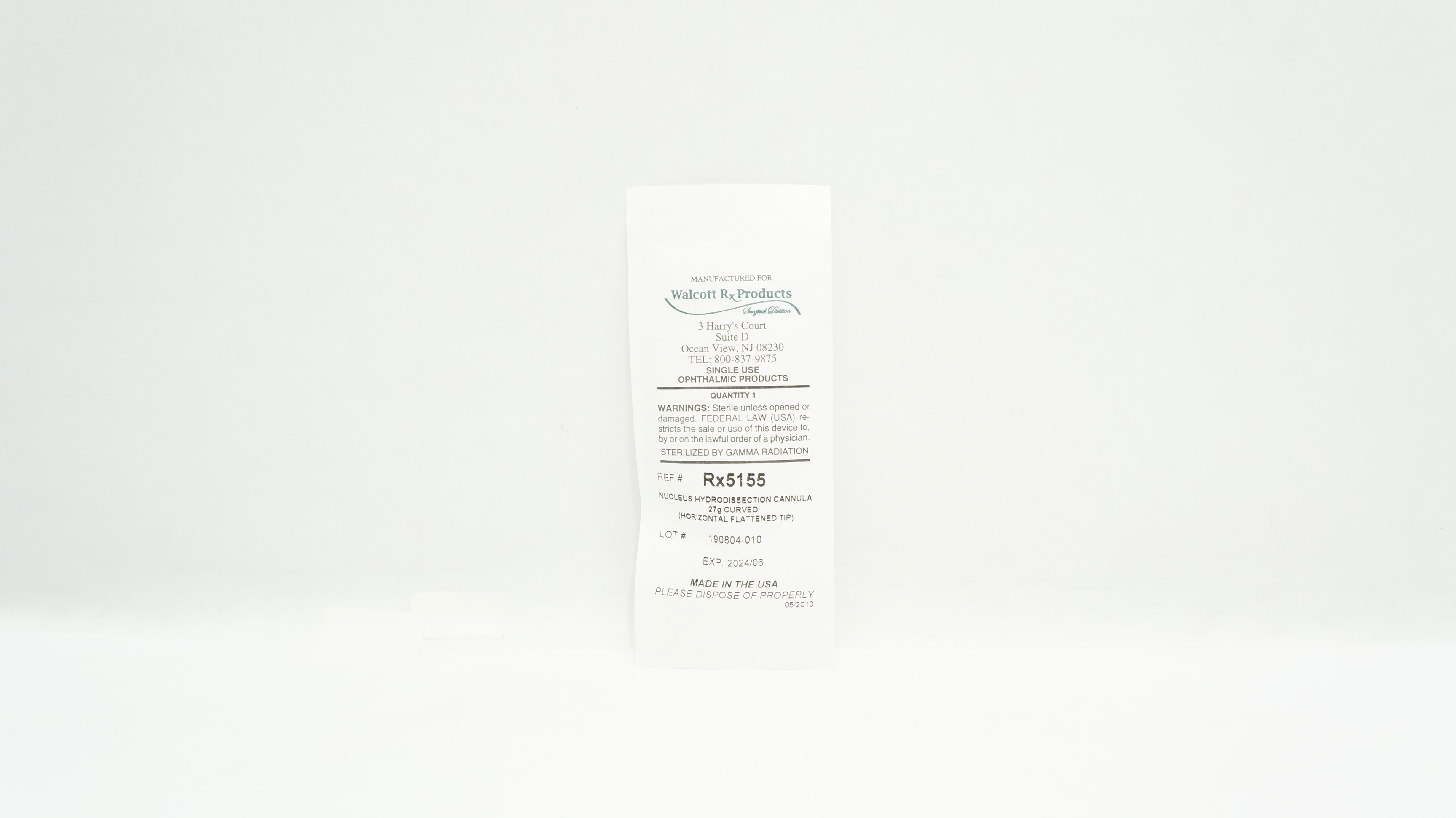 Walcott Rx Products Rx5155 Nucleus Hydrodissection Cannula 27G, Curved