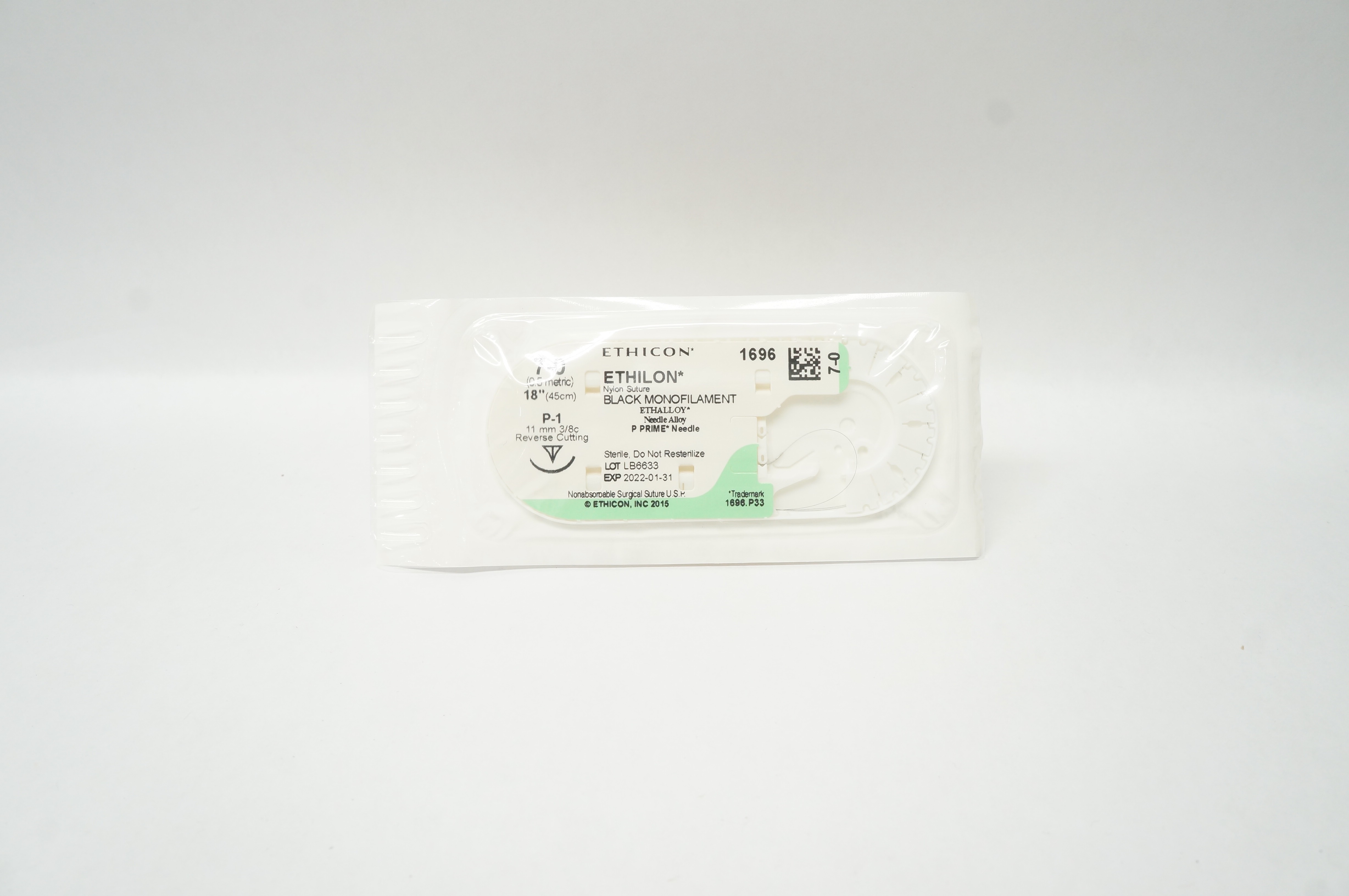 Ethicon 1696 7-0 ETHILON Nylon Stre P-1 11mm 3/8c Reverse Cutting 18inch (x)