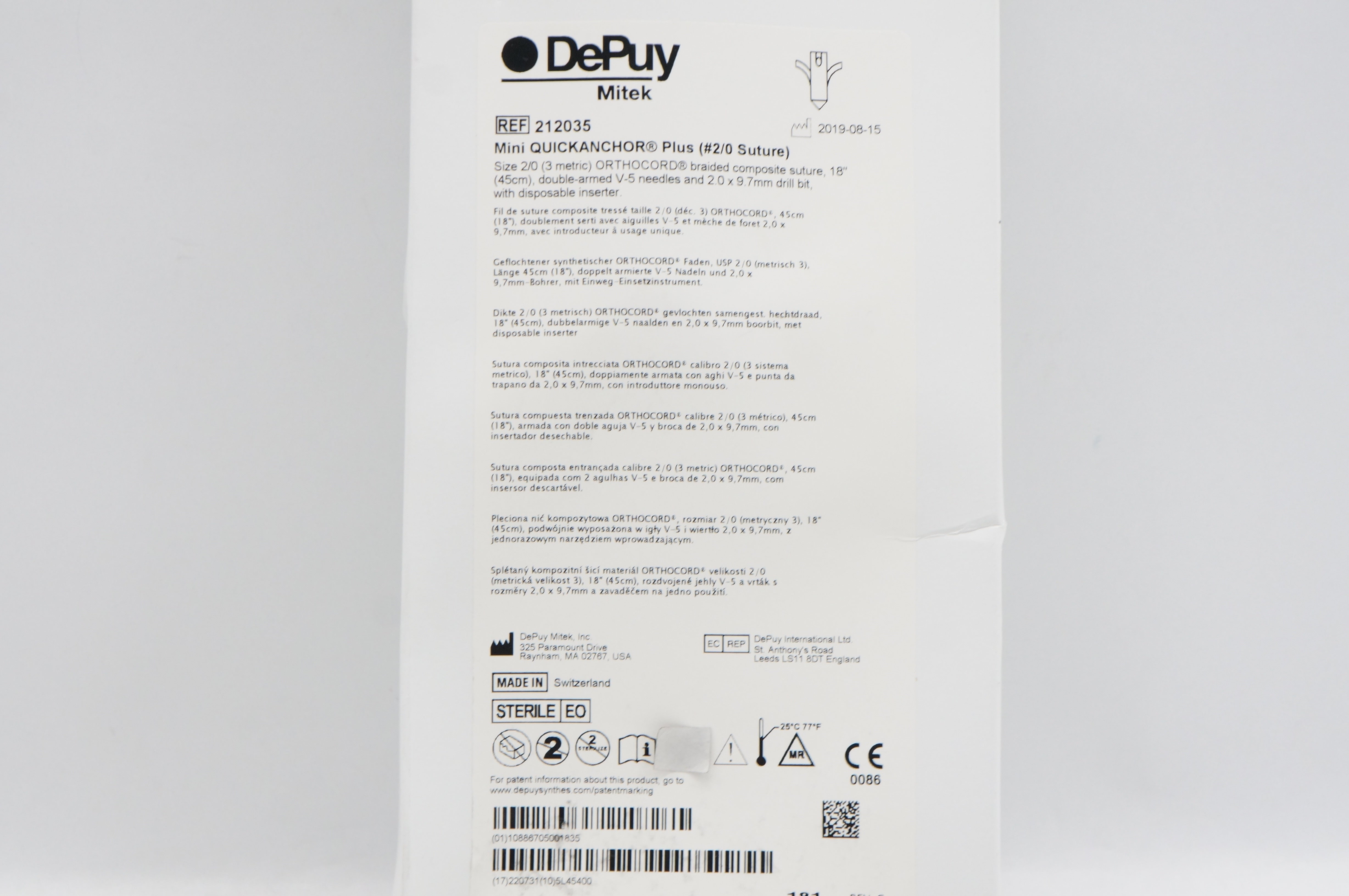CTHY Super140’sJackalWOOL SOUTAIN COLLAR DePuy 212035 Mini QUICKANCHOR Plus #2/0 Stre