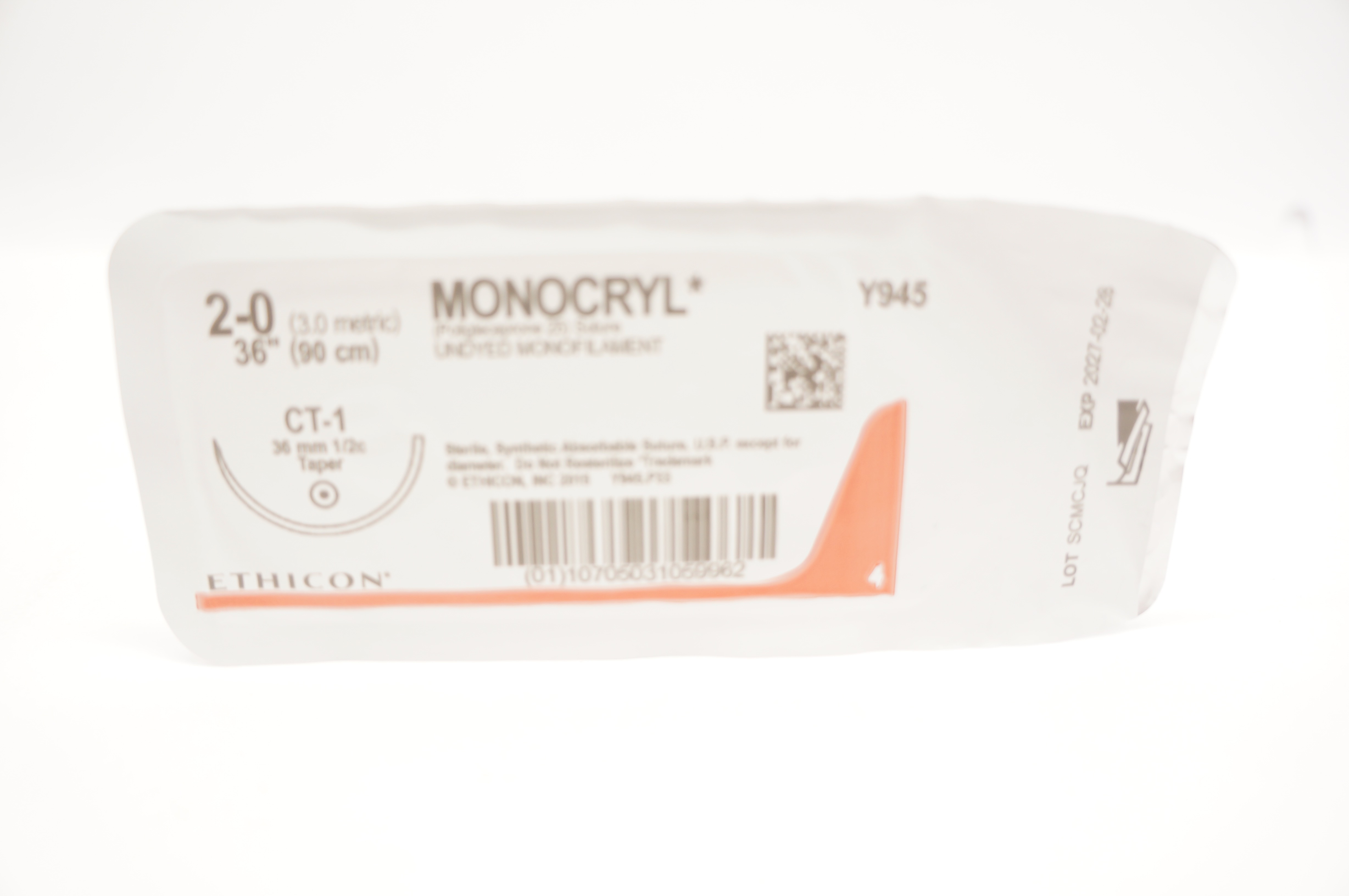 Ethicon Y945 2-0 MONOCRYL Poliglecaprone 25 Stre CT-1 36mm 1/2c Taper, 36inch