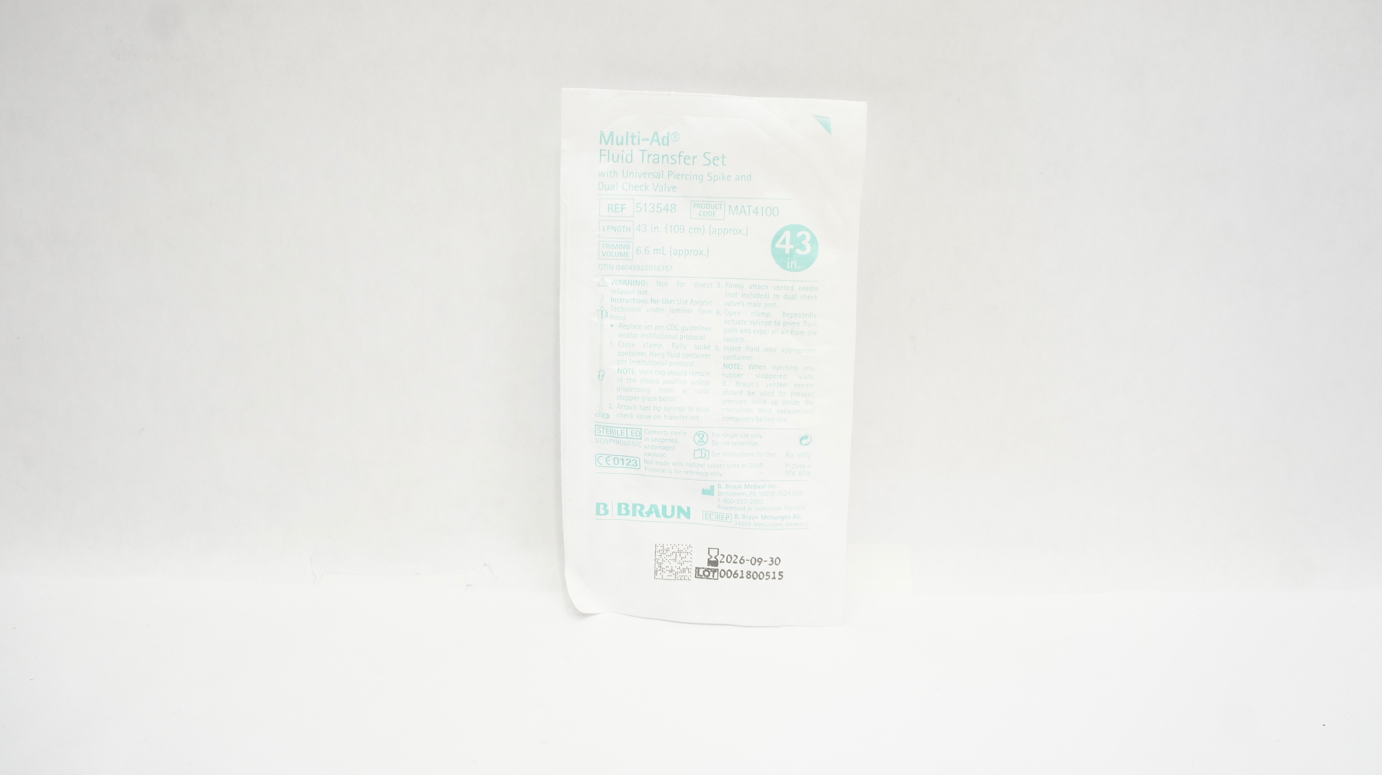 Braun 513548 Multi-Ad Fluid Transfer Set w/Spike & Valve 43inch x 6.6mL(Approx.)