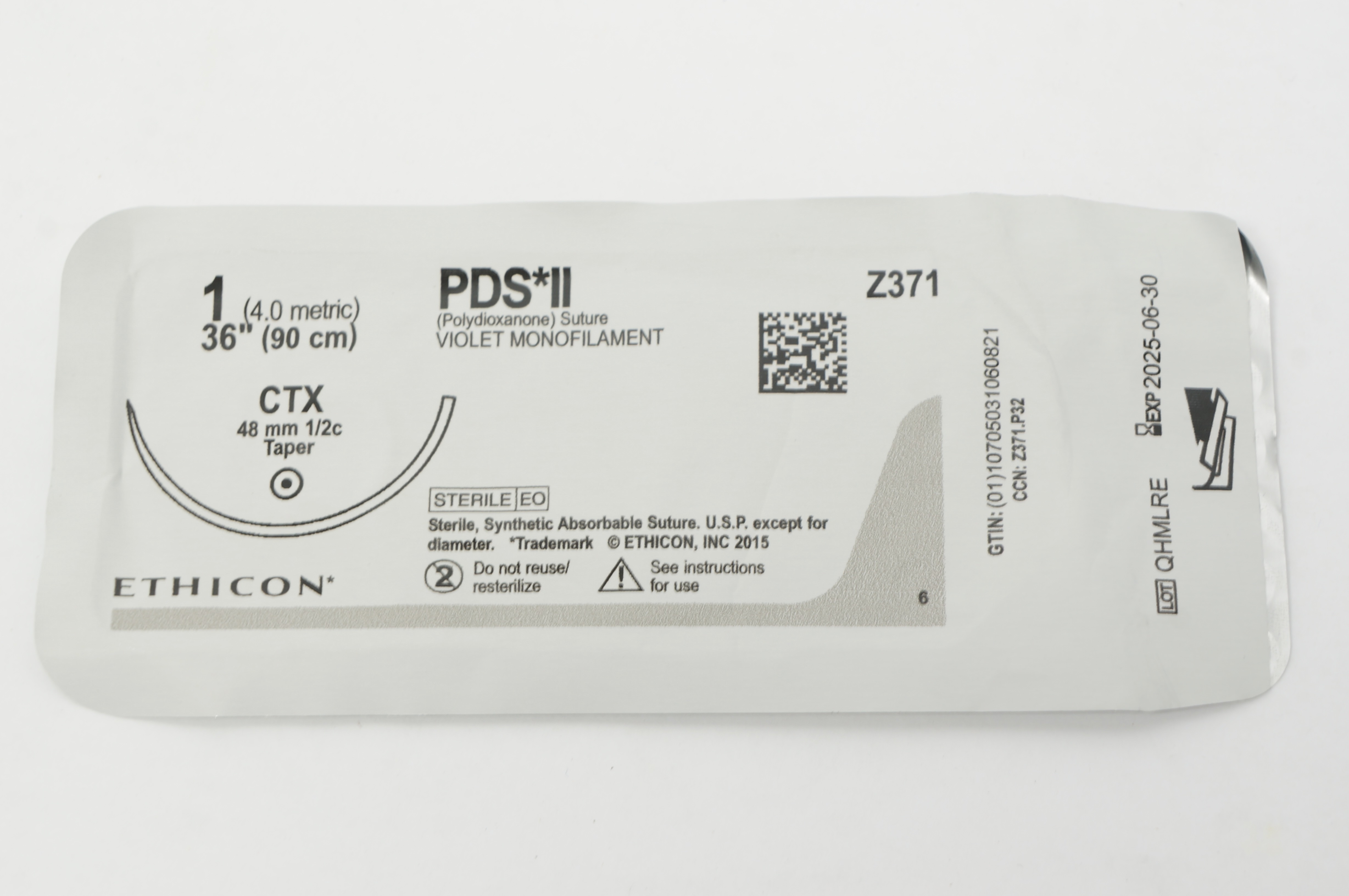 Ethicon Z371 1 PDS II Polydioxanone Stre CTX 48mm 1/2c Taper 36inch