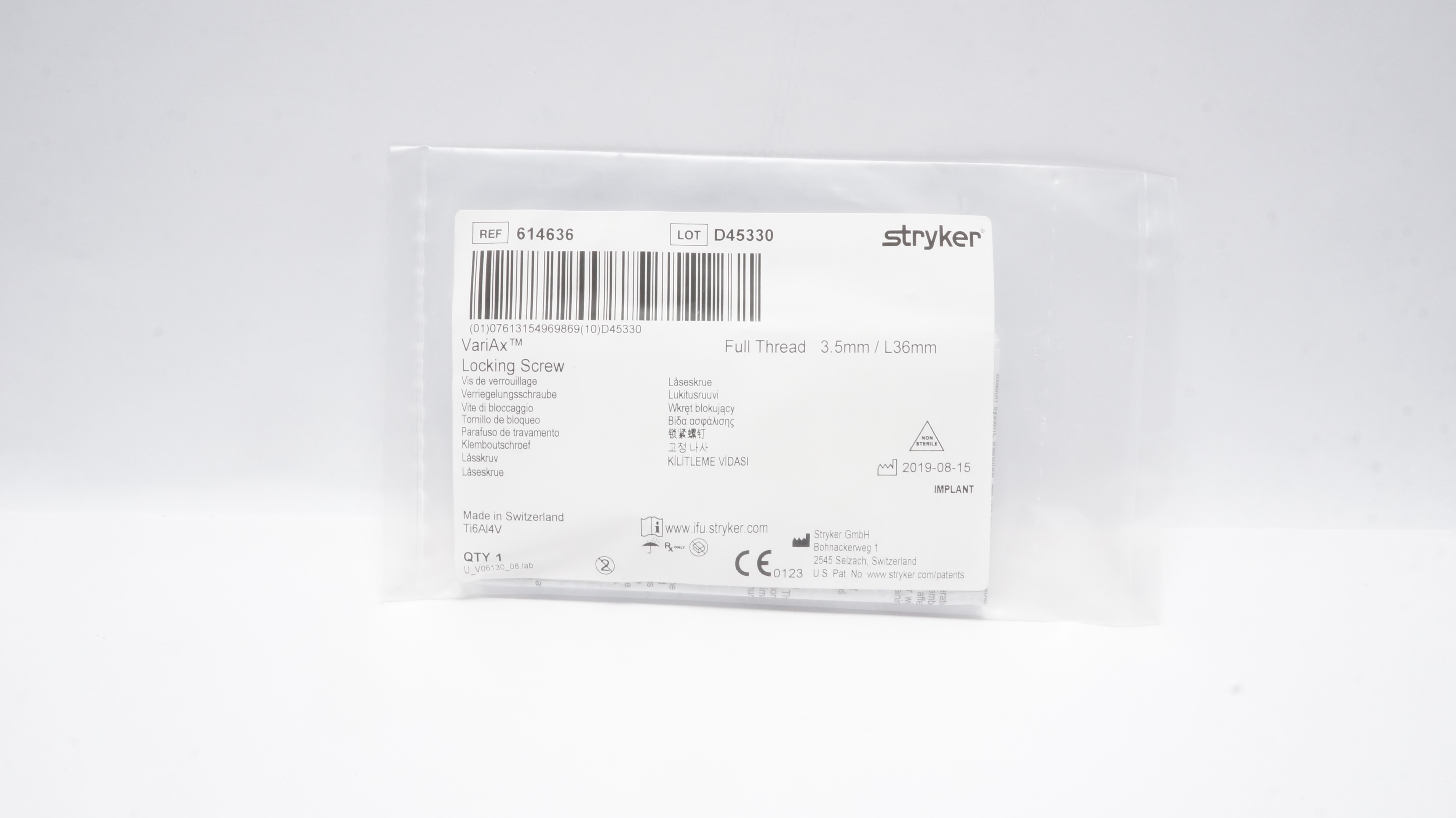 Stryker 614636 VariAx Locking Screw , Full Thread 3.5mm/ L36mm